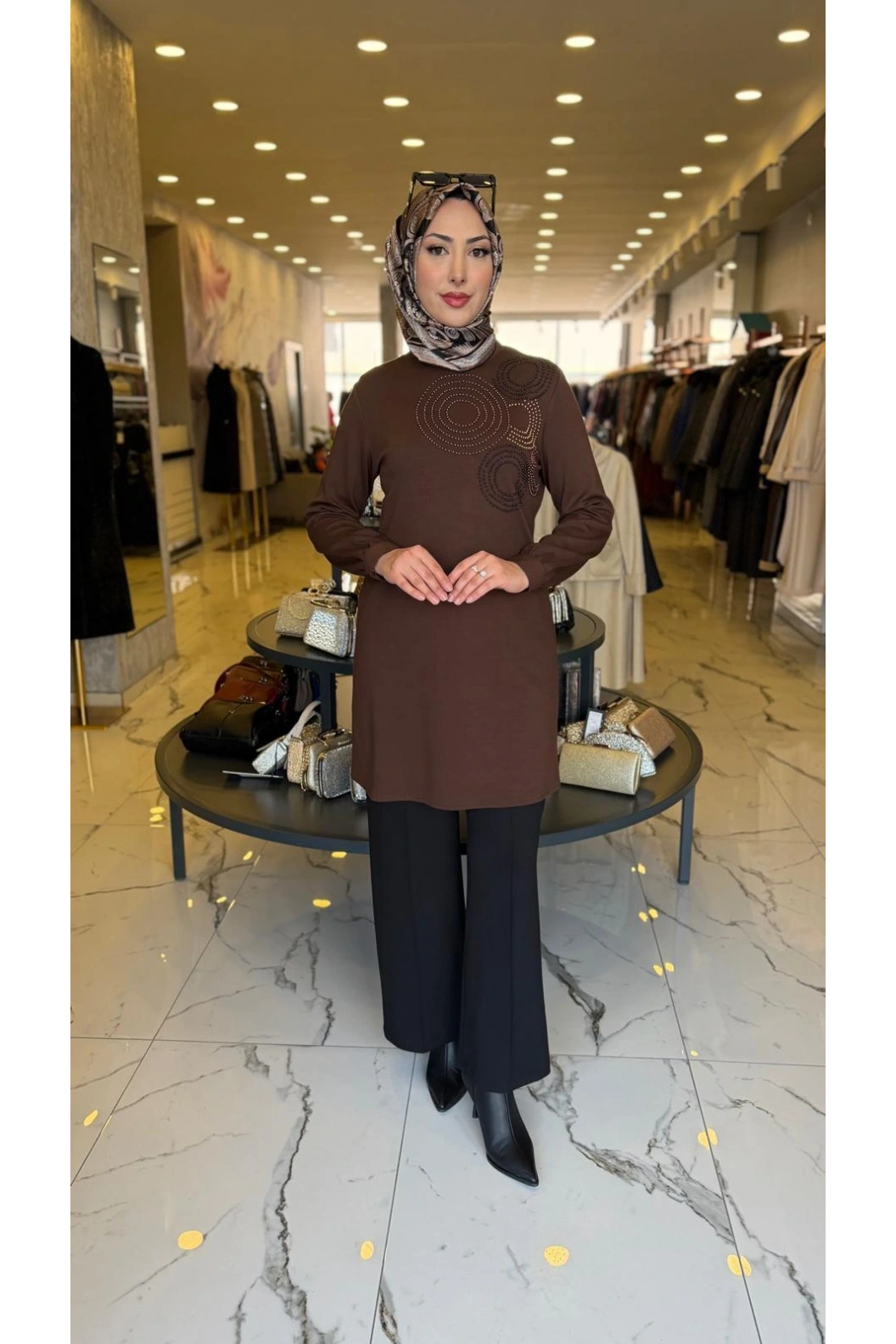 HAYA-DAİRE İNCİLİ TUNİK KAHVE