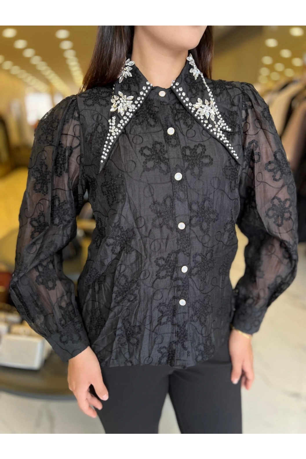 İTHAL-YAKASI TAŞLI İTHAL GÖMLEK SİYAH
