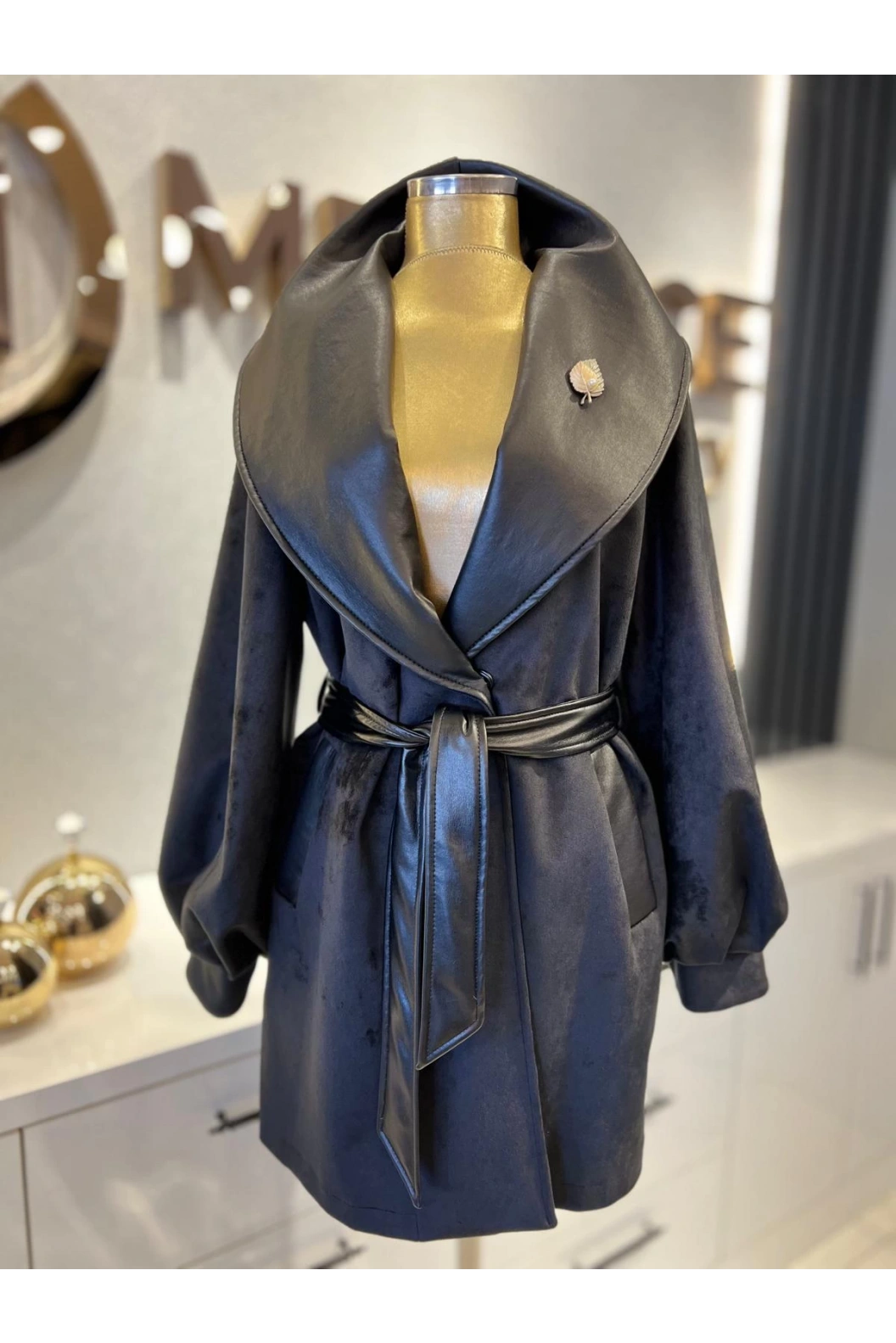 MATEKS-DERİ DETAYLI SÜET KABAN SİYAH