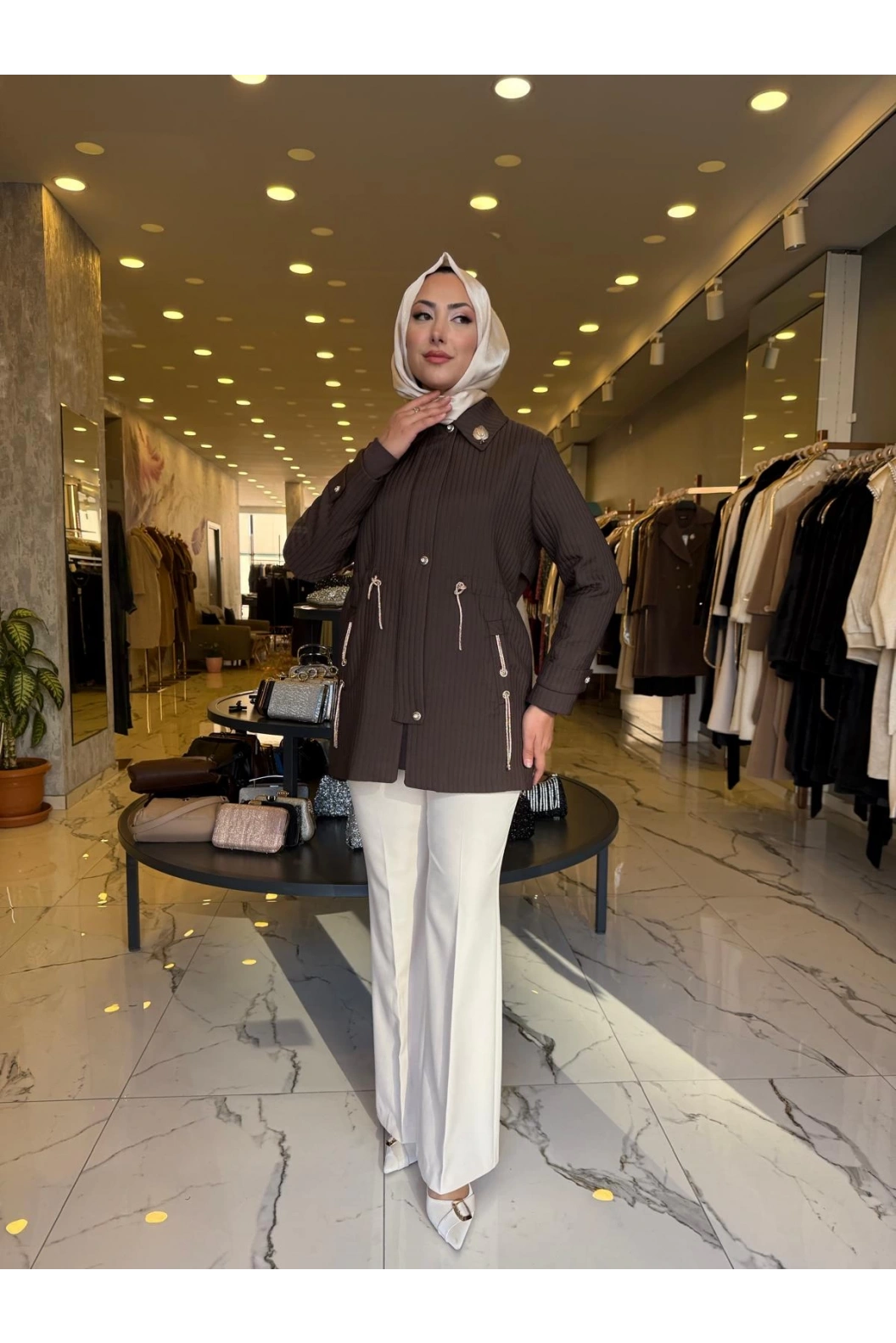 MATEKS-KENDİNDEN ÇİZGİLİ TRENÇ KAHVE