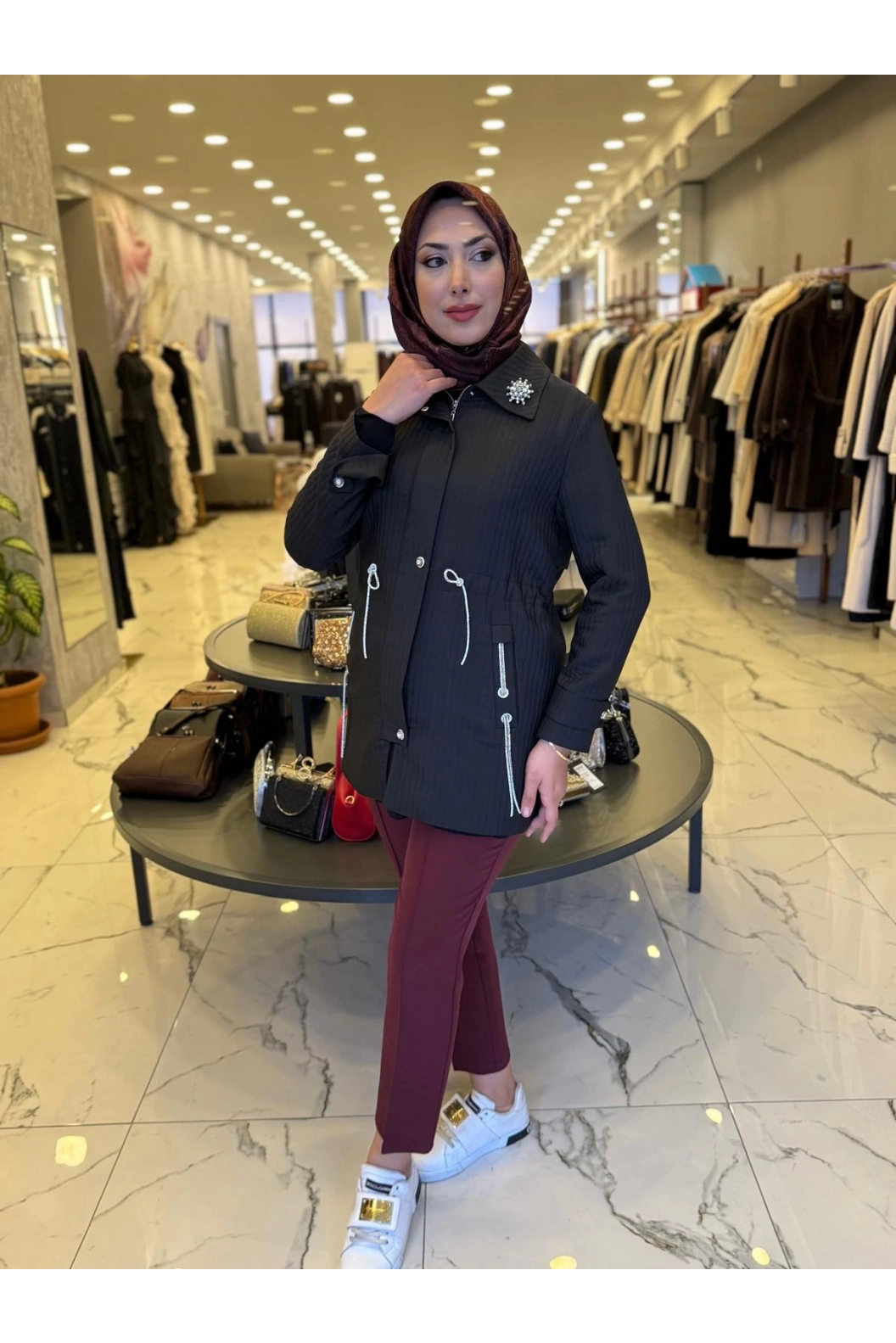 MATEKS-KENDİNDEN ÇİZGİLİ TRENÇ SİYAH