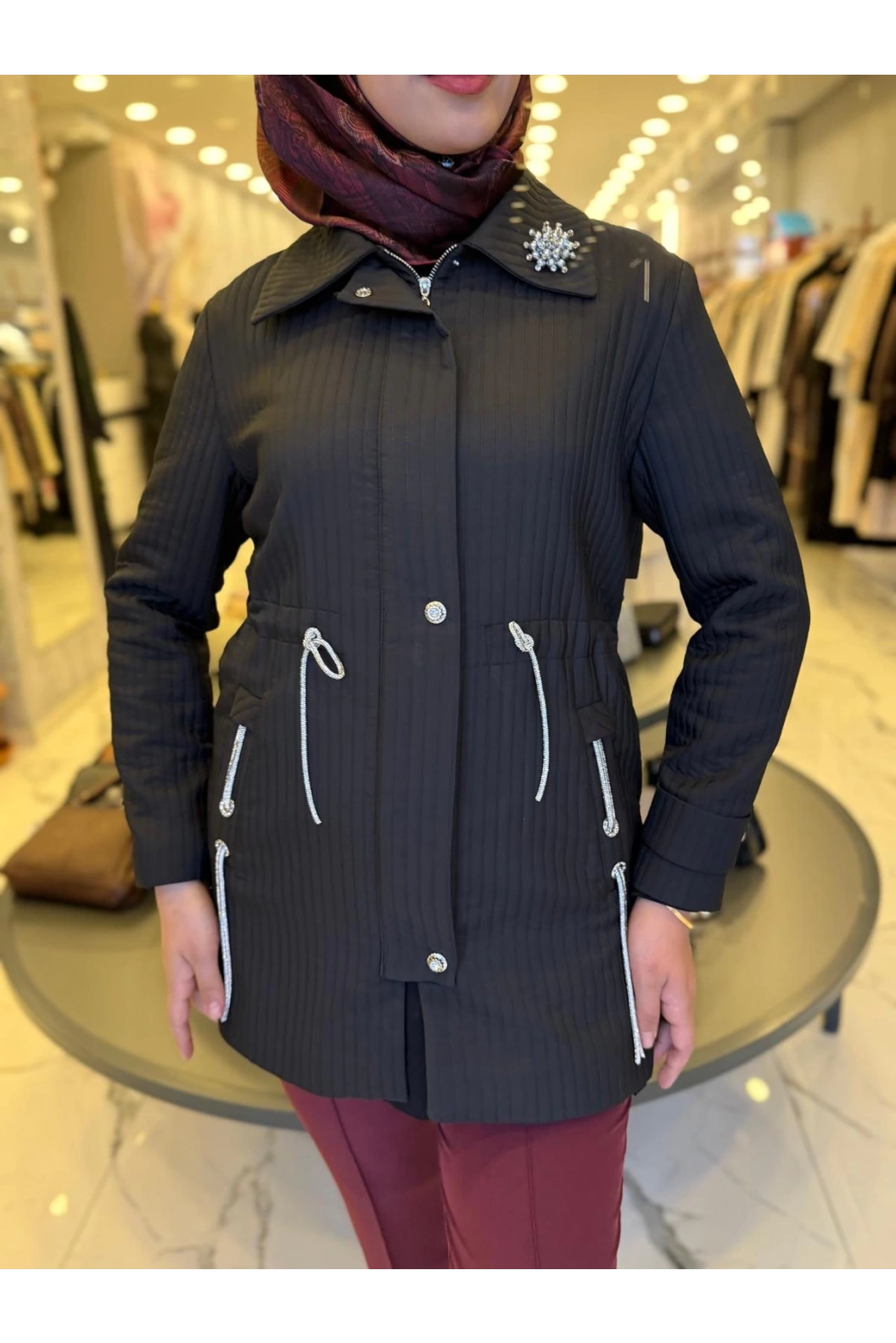 MATEKS-KENDİNDEN ÇİZGİLİ TRENÇ SİYAH