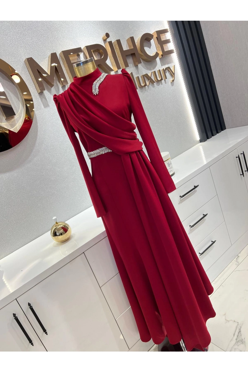 MATEKS-KREP SATEN BALIK ELBİSE KIRMIZI