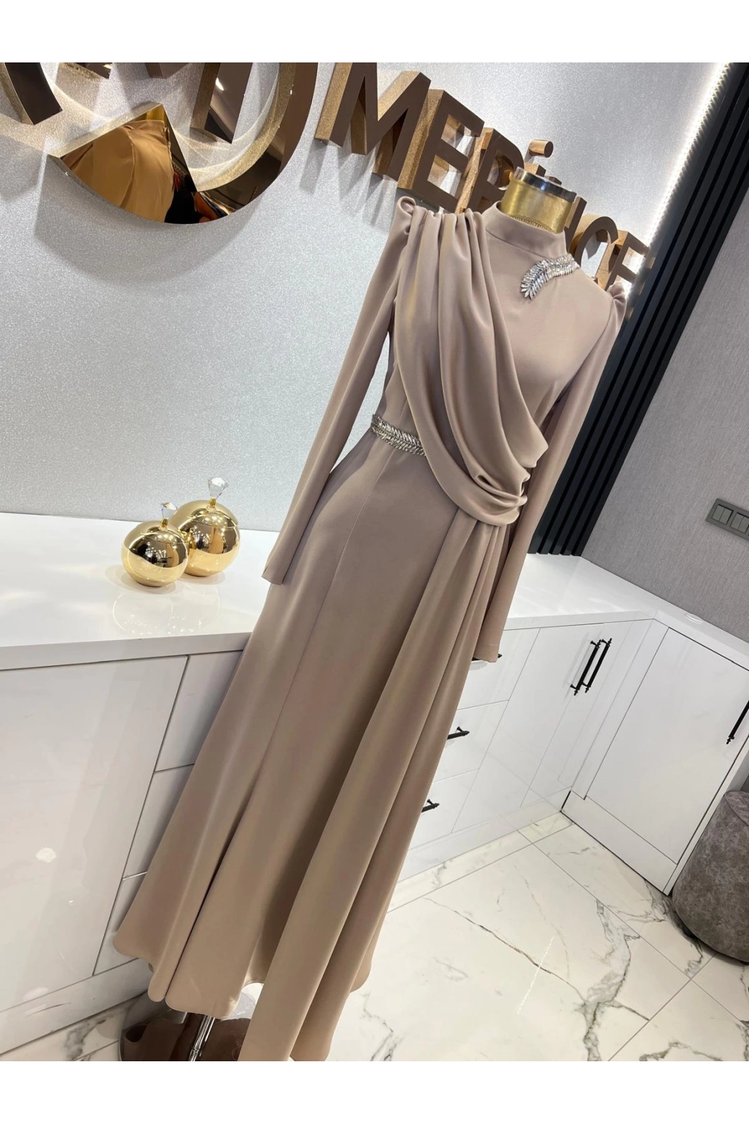 MATEKS-KREP SATEN BALIK ELBİSE VİZON