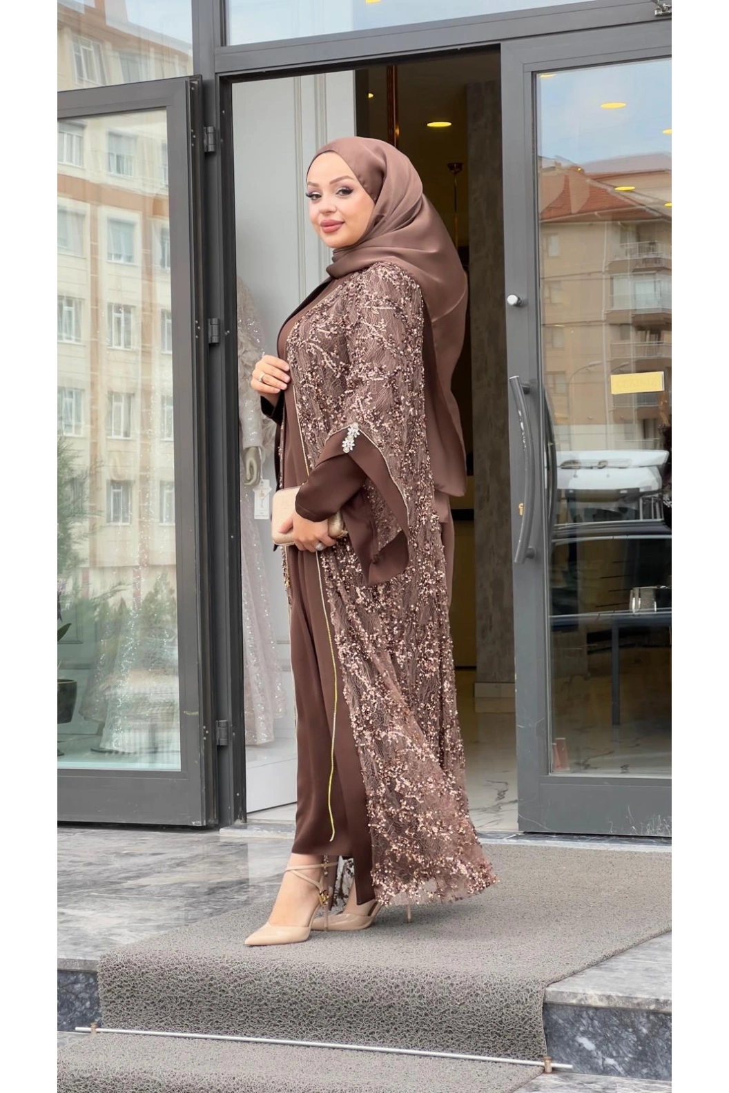 MATEKS-PUL DETAY ABAYA ELBİSE BRONZ