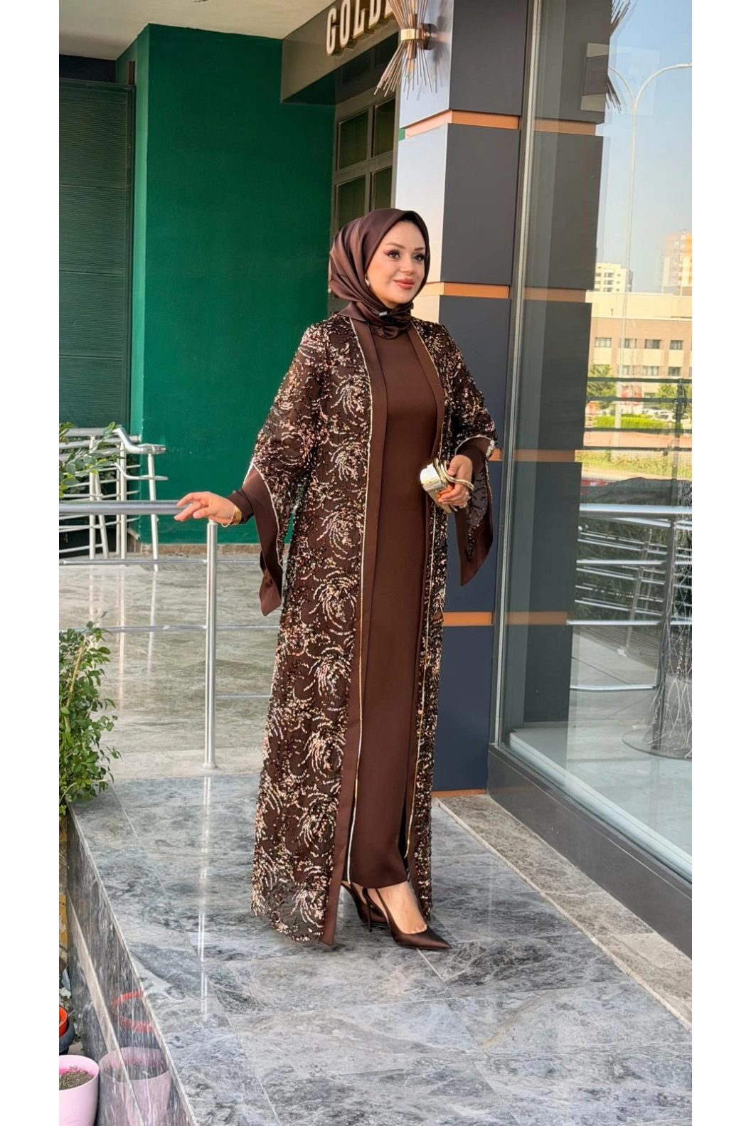 MATEKS-PUL DETAY ABAYA ELBİSE KAHVE