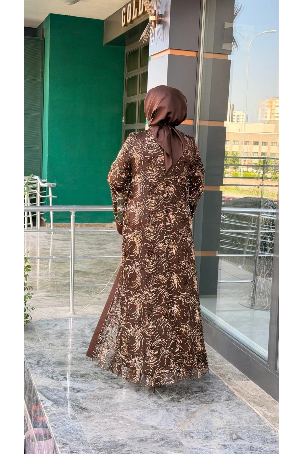 MATEKS-PUL DETAY ABAYA ELBİSE KAHVE