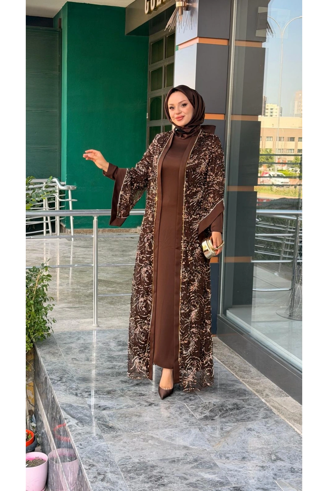 MATEKS-PUL DETAY ABAYA ELBİSE KAHVE