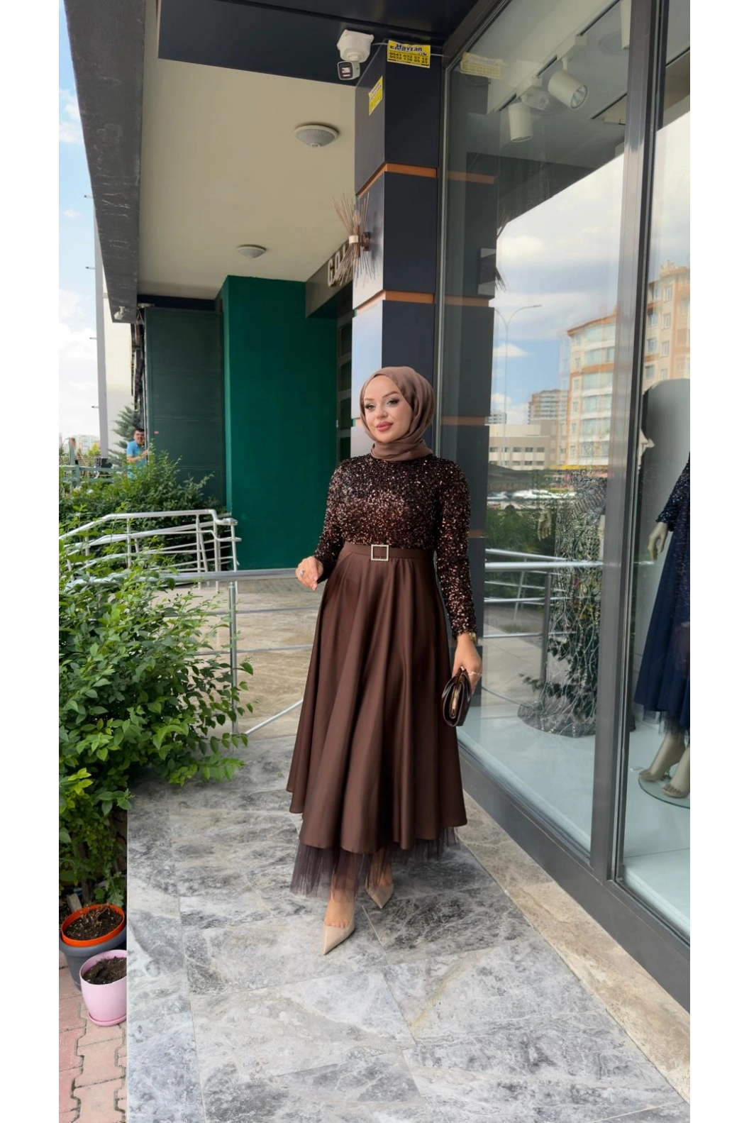 MATEKS-PUL PAYETLİ ELBİSE KAHVE