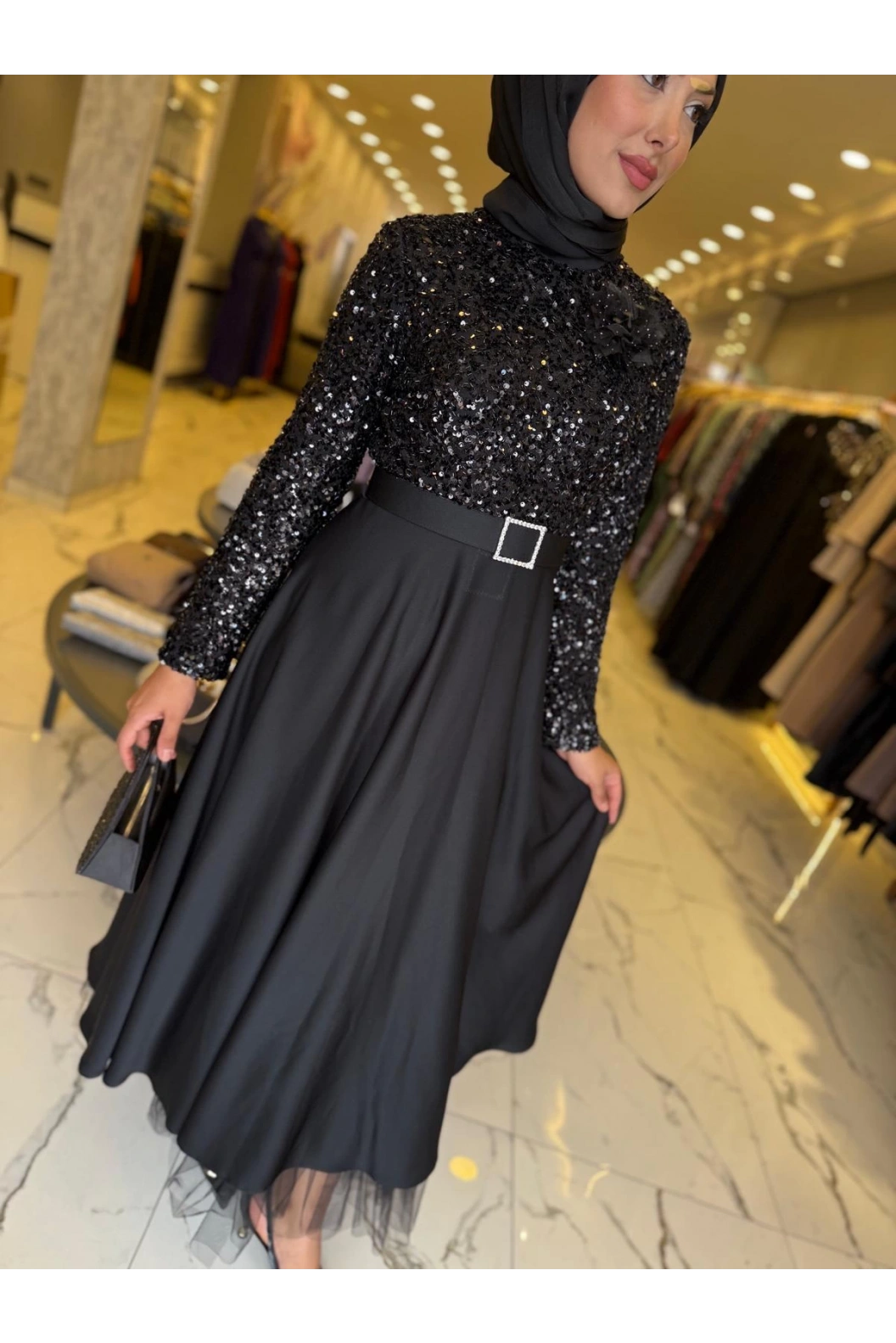 MATEKS-PUL PAYETLİ ELBİSE SİYAH