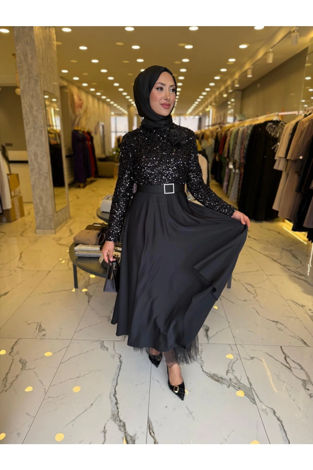 MATEKS-PUL PAYETLİ ELBİSE SİYAH