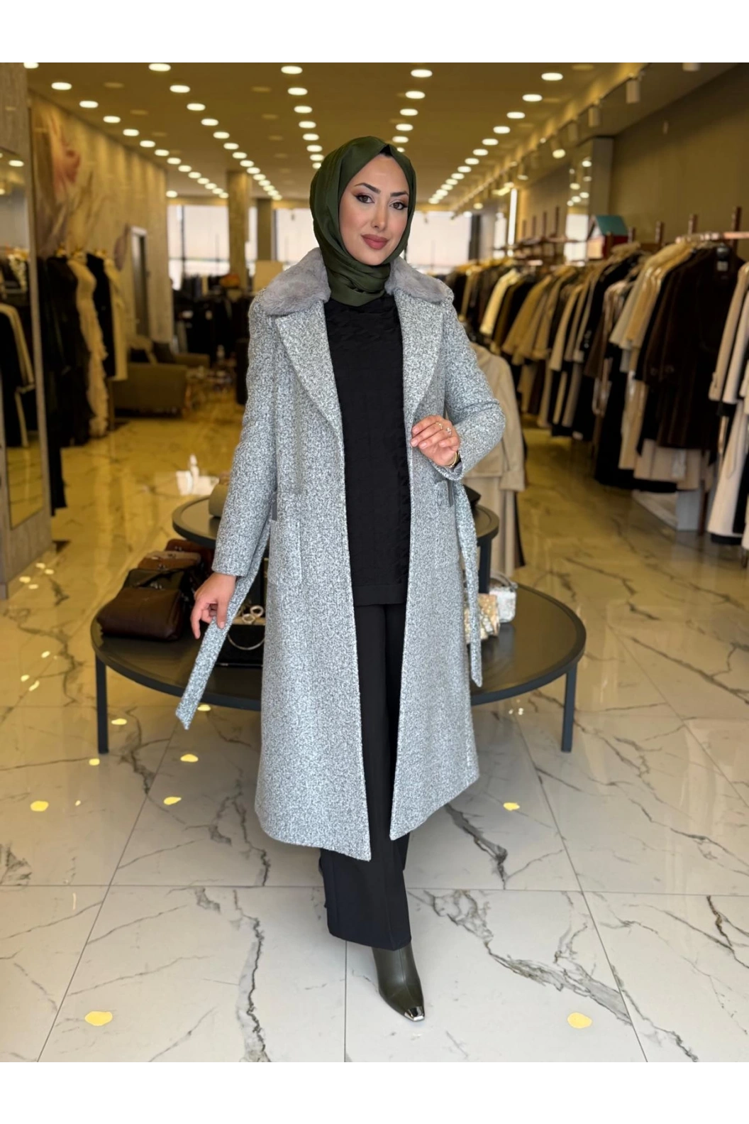 MATEKS-YAKASI KÜRKLÜ TEDDY KABAN GRİ