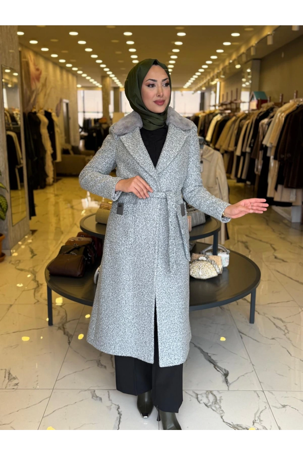 MATEKS-YAKASI KÜRKLÜ TEDDY KABAN GRİ