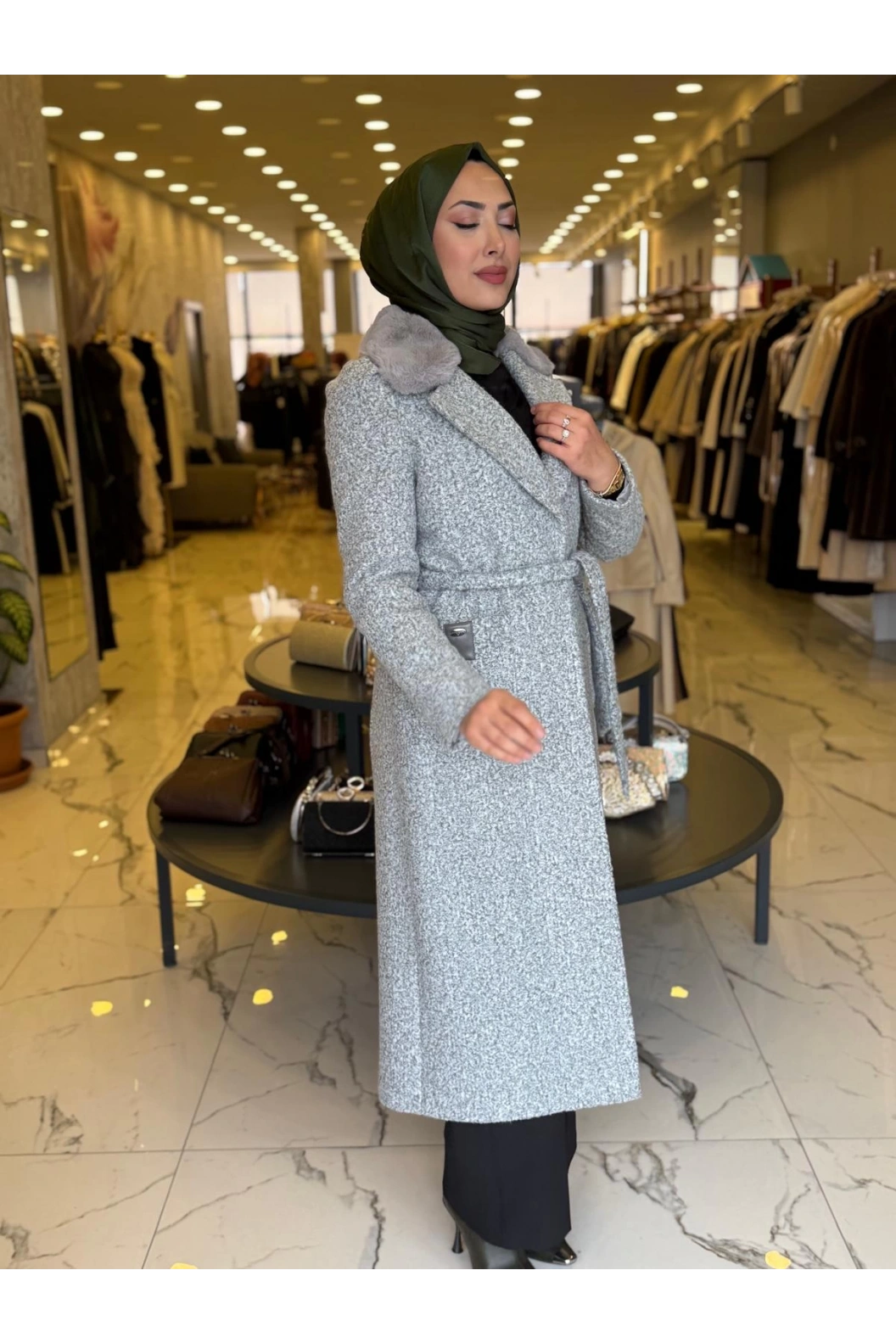 MATEKS-YAKASI KÜRKLÜ TEDDY KABAN GRİ