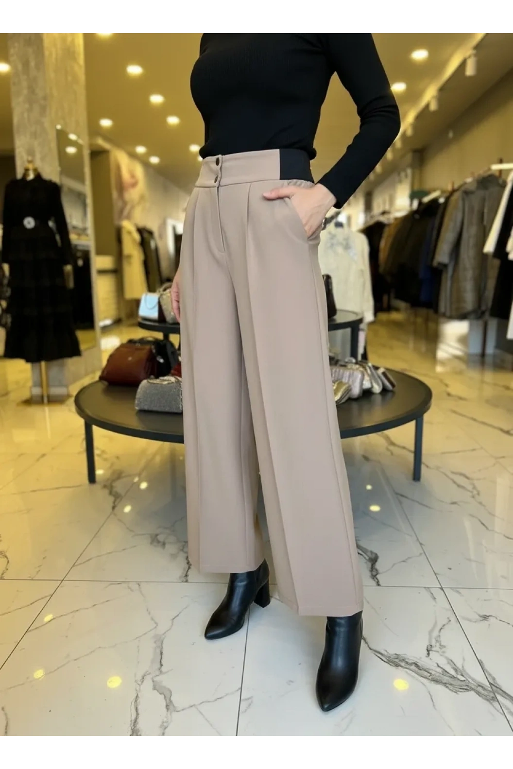 MODİVA-BELİ LASTİKLİ BOL PAÇA PANTOLON CAMEL