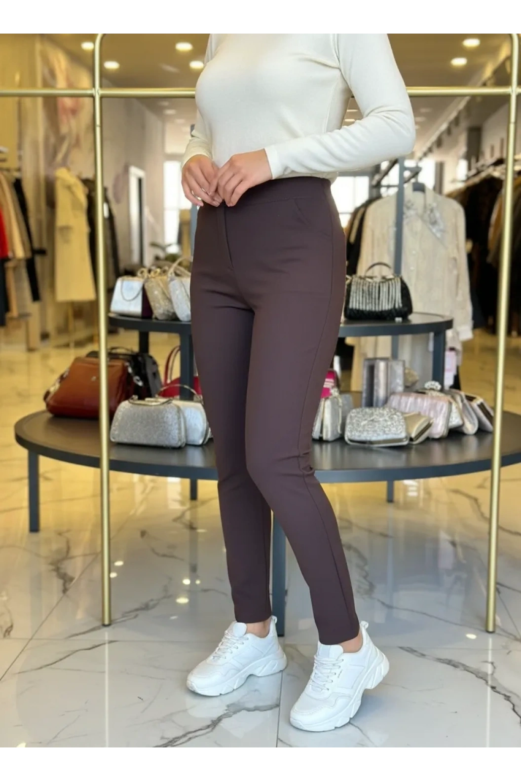 MODİVA-BELİ LASTİKLİ KALEM PANTOLON KAHVE