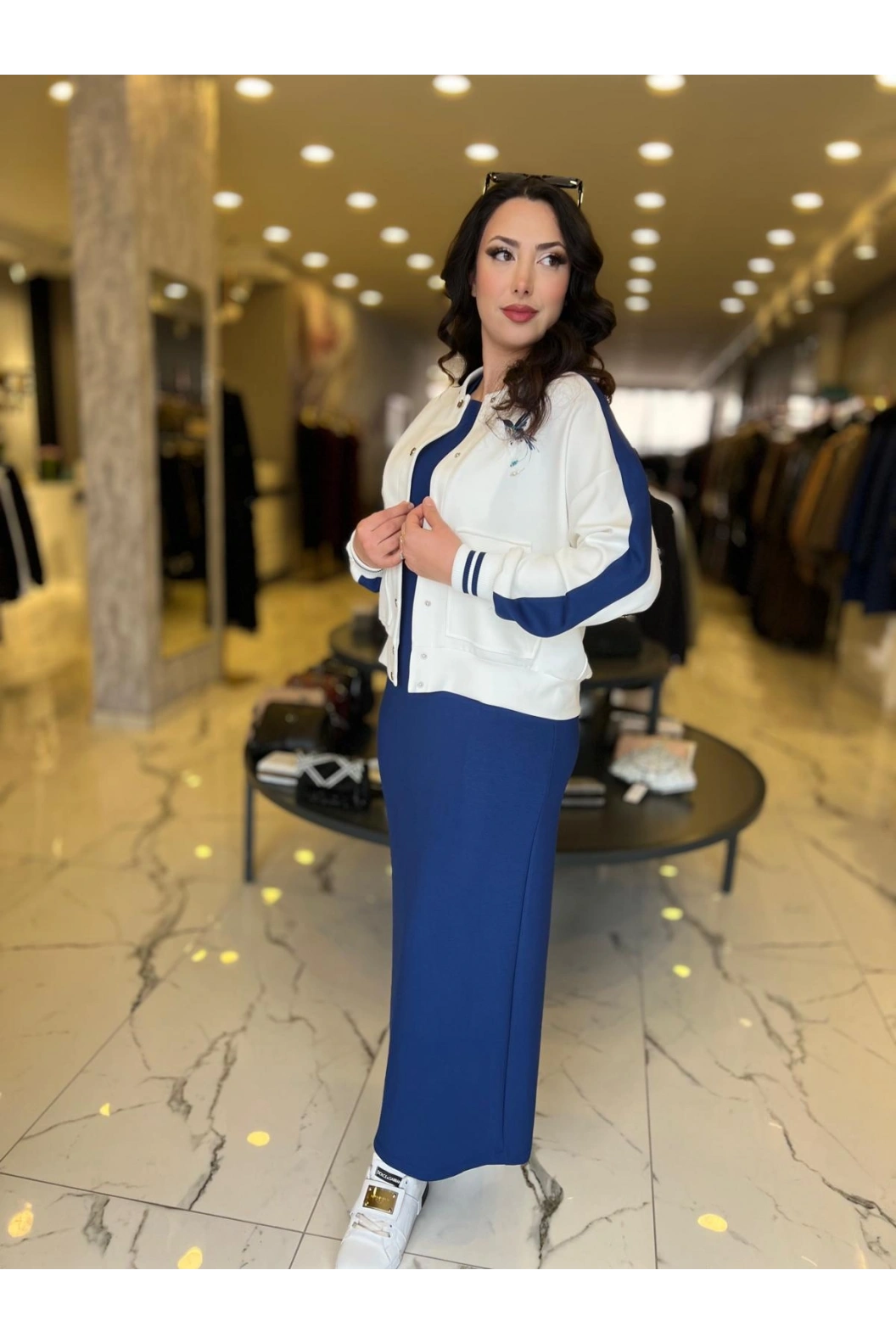 MY312-BASKI RİBANALI ELBİSE TAKIM LACİVERT