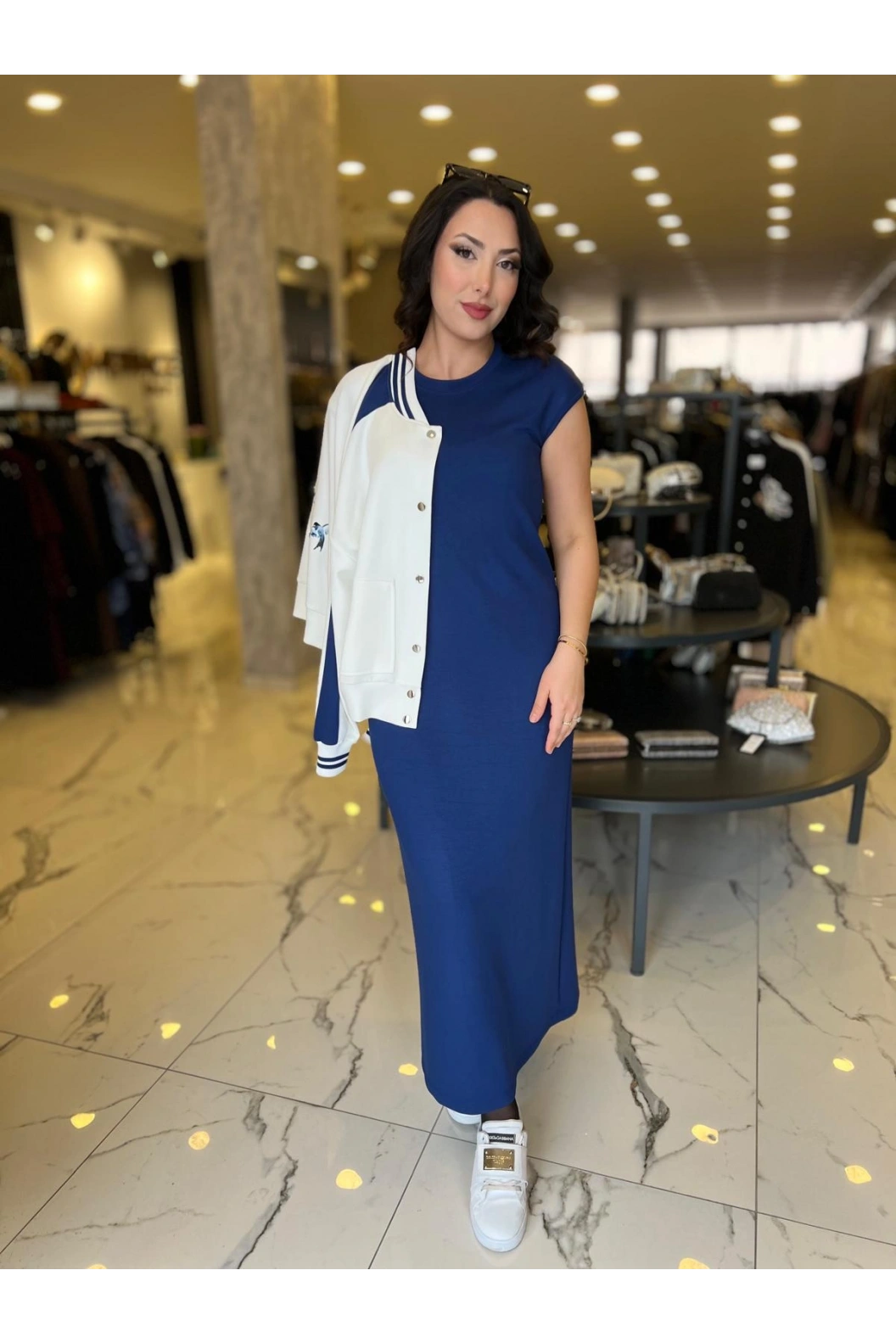 MY312-BASKI RİBANALI ELBİSE TAKIM LACİVERT