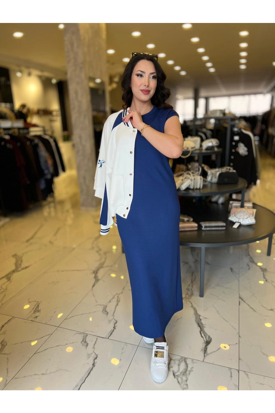 MY312-BASKI RİBANALI ELBİSE TAKIM LACİVERT