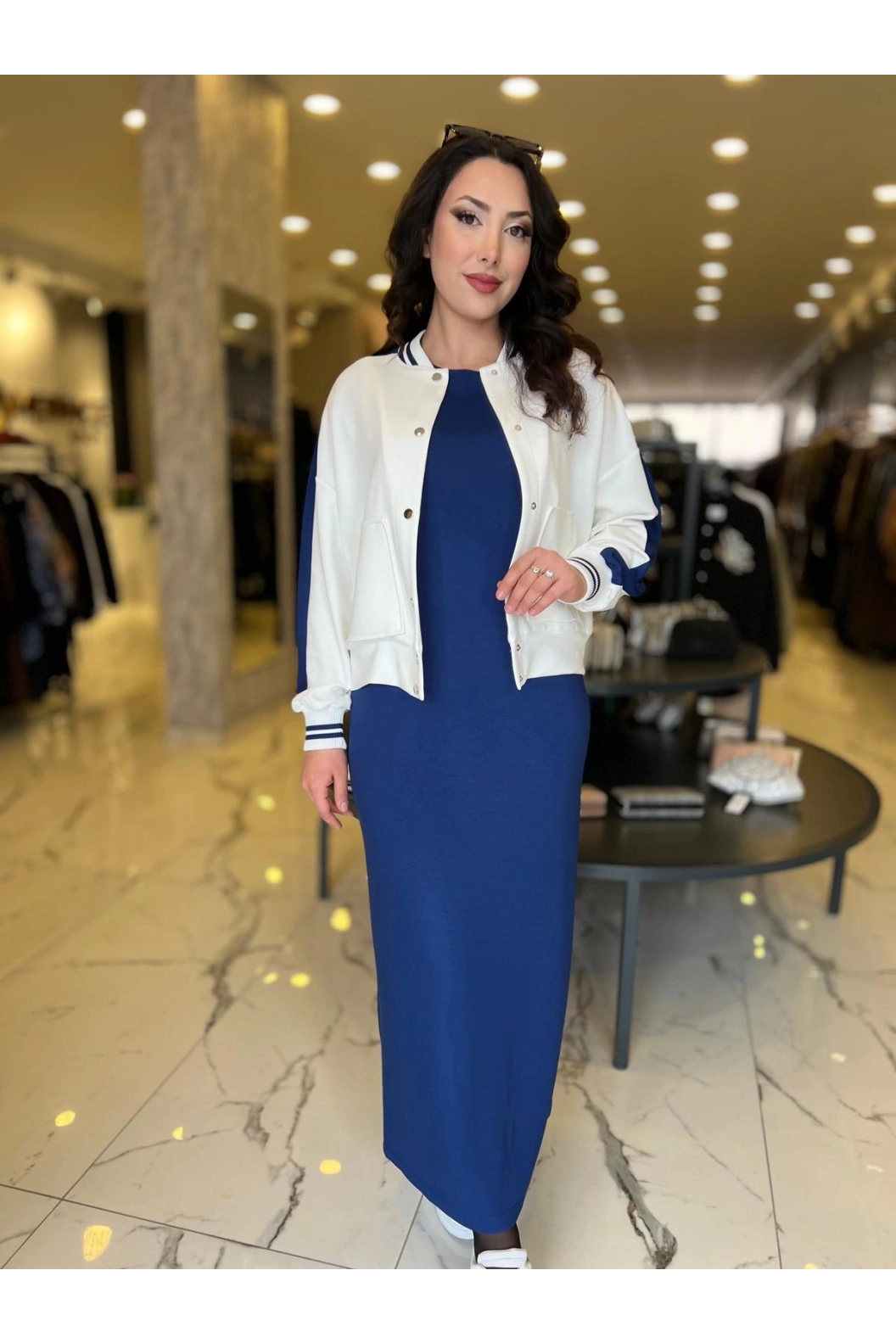 MY312-BASKI RİBANALI ELBİSE TAKIM LACİVERT