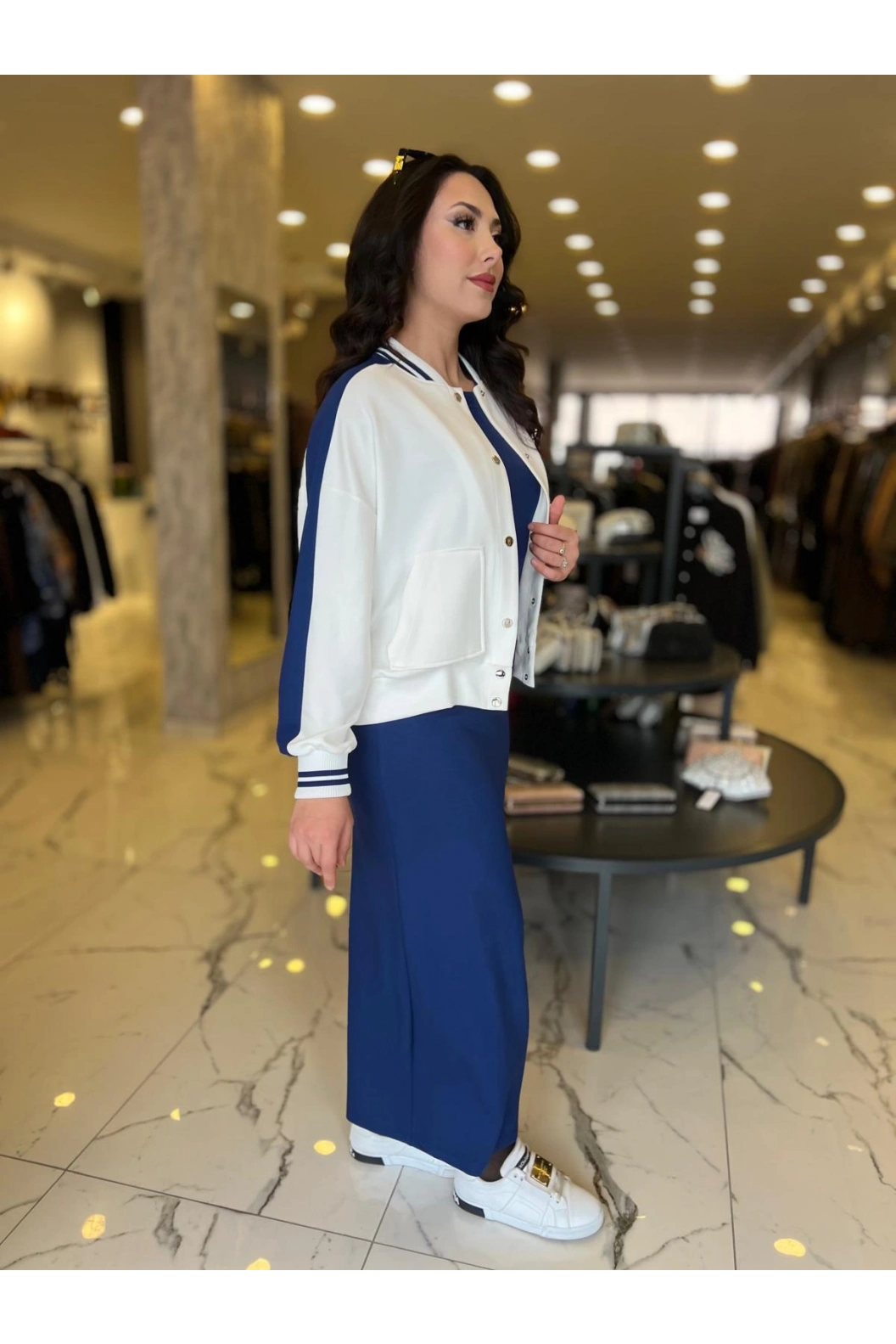 MY312-BASKI RİBANALI ELBİSE TAKIM LACİVERT