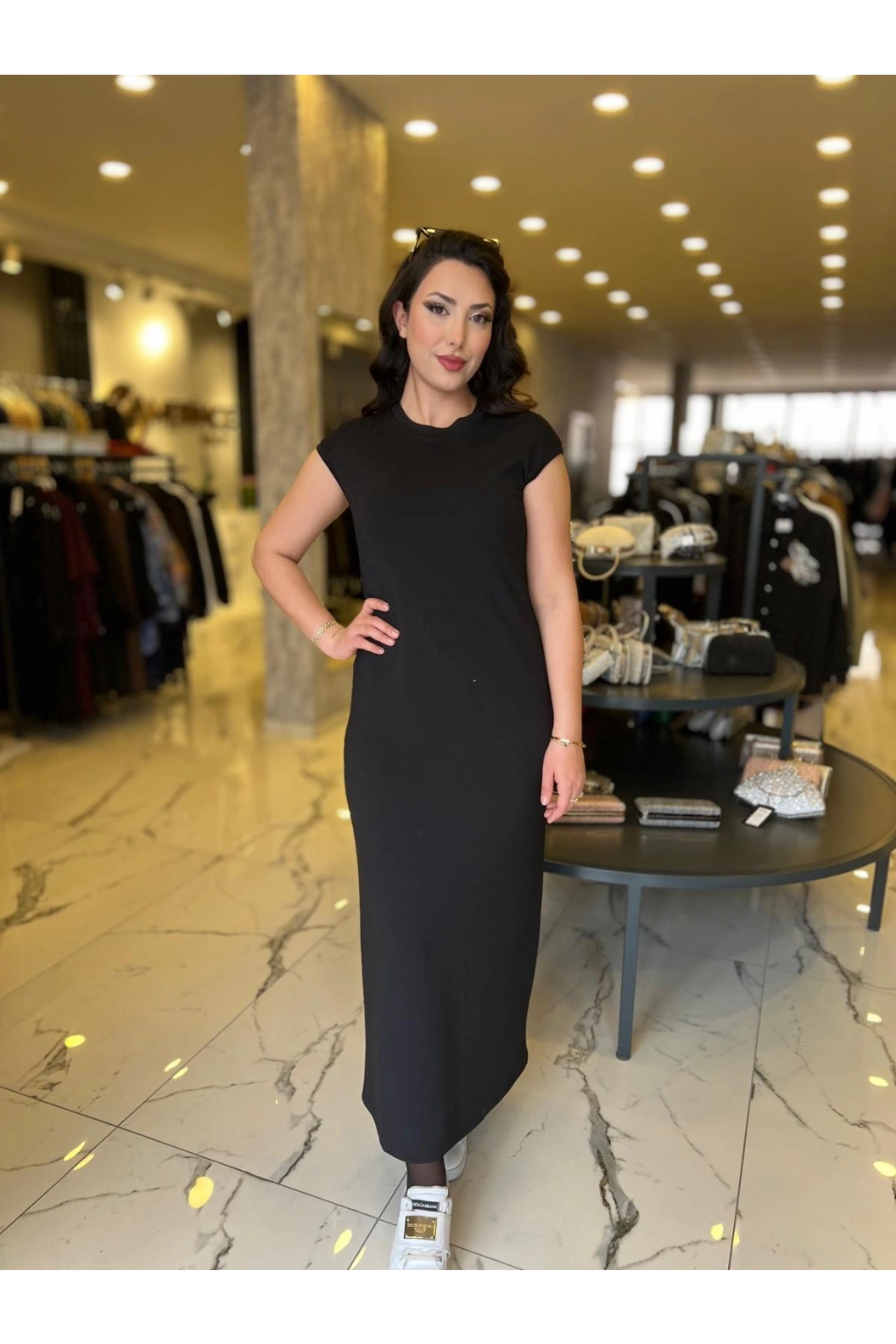 MY312-BASKI RİBANALI ELBİSE TAKIM SİYAH