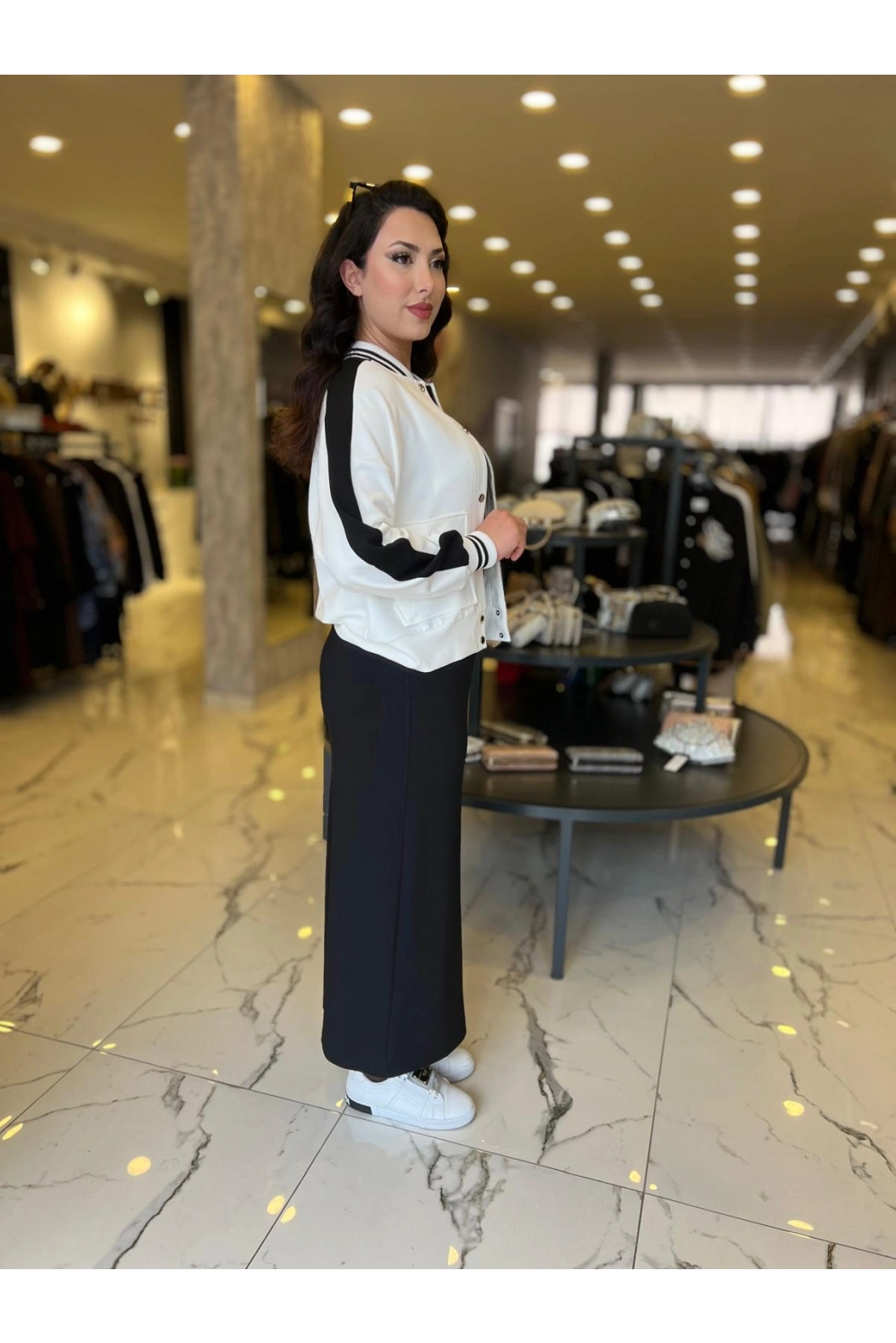 MY312-BASKI RİBANALI ELBİSE TAKIM SİYAH