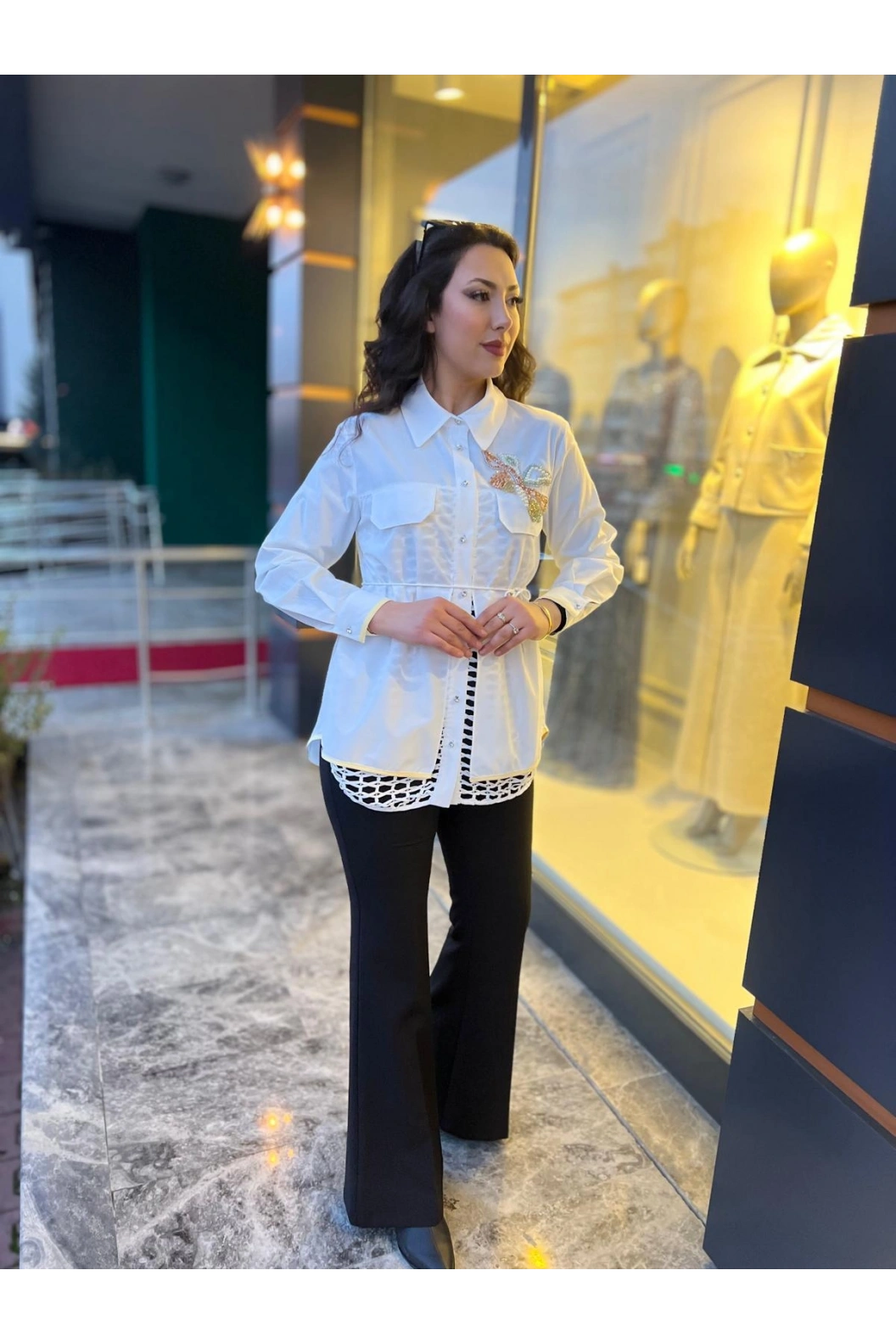 MY312-CEBİ TAŞLI FİLELİ GÖMLEK BEYAZ