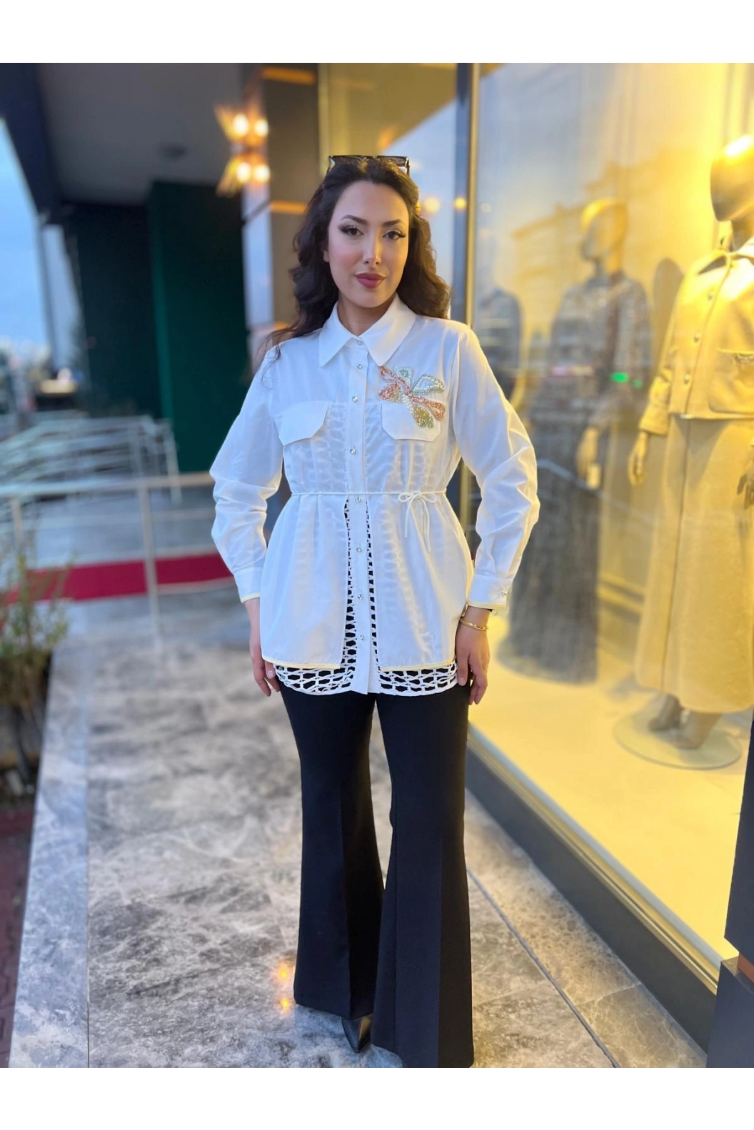 MY312-CEBİ TAŞLI FİLELİ GÖMLEK BEYAZ