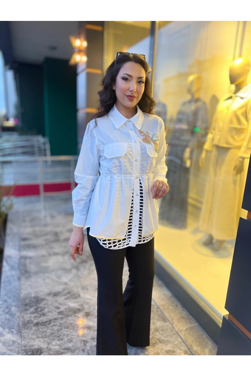 MY312-CEBİ TAŞLI FİLELİ GÖMLEK BEYAZ