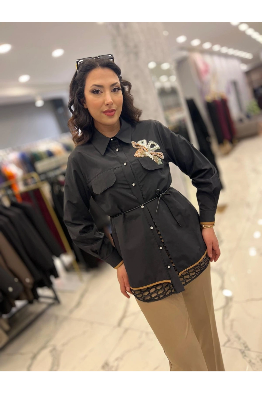 MY312-CEBİ TAŞLI FİLELİ GÖMLEK SİYAH