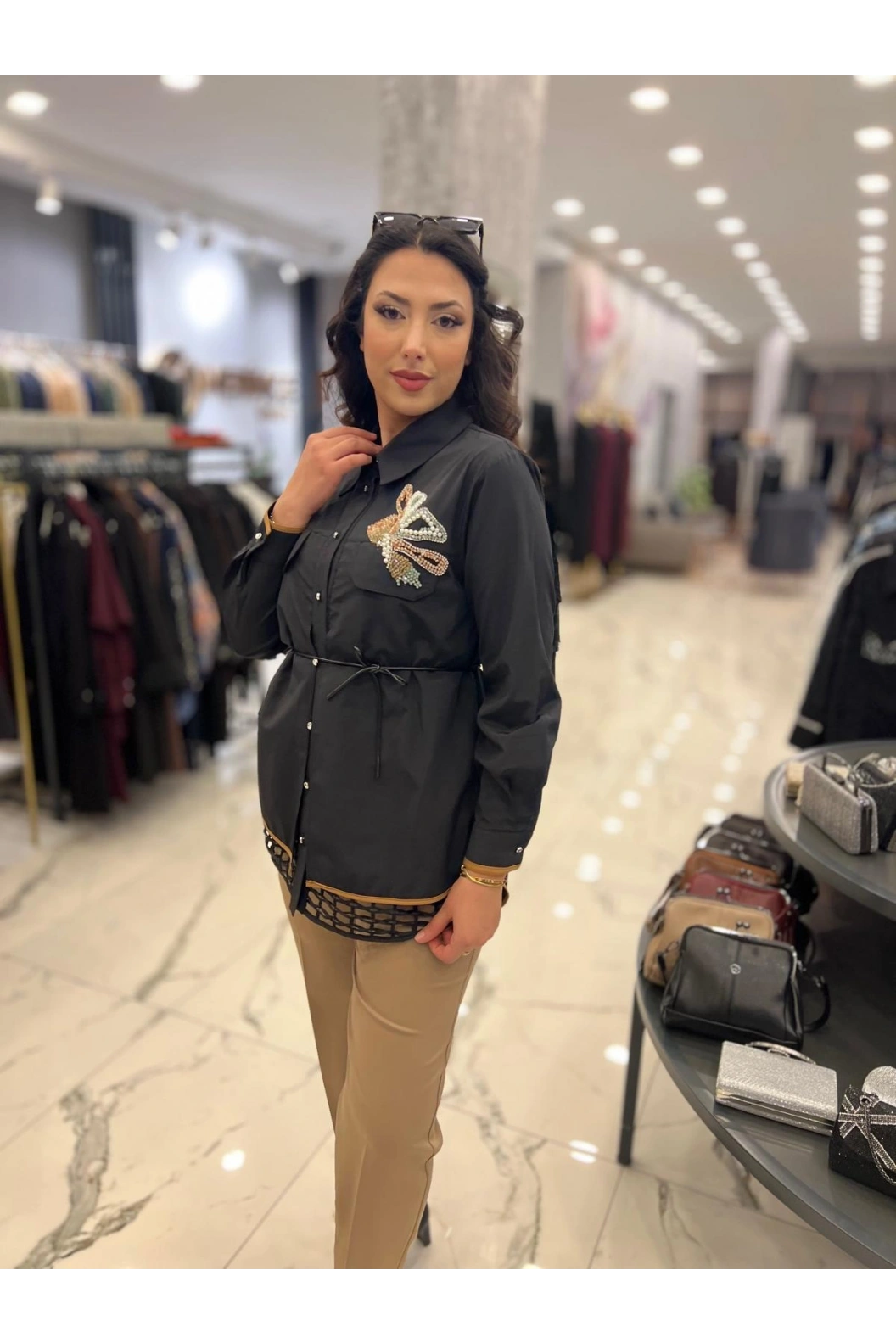 MY312-CEBİ TAŞLI FİLELİ GÖMLEK SİYAH