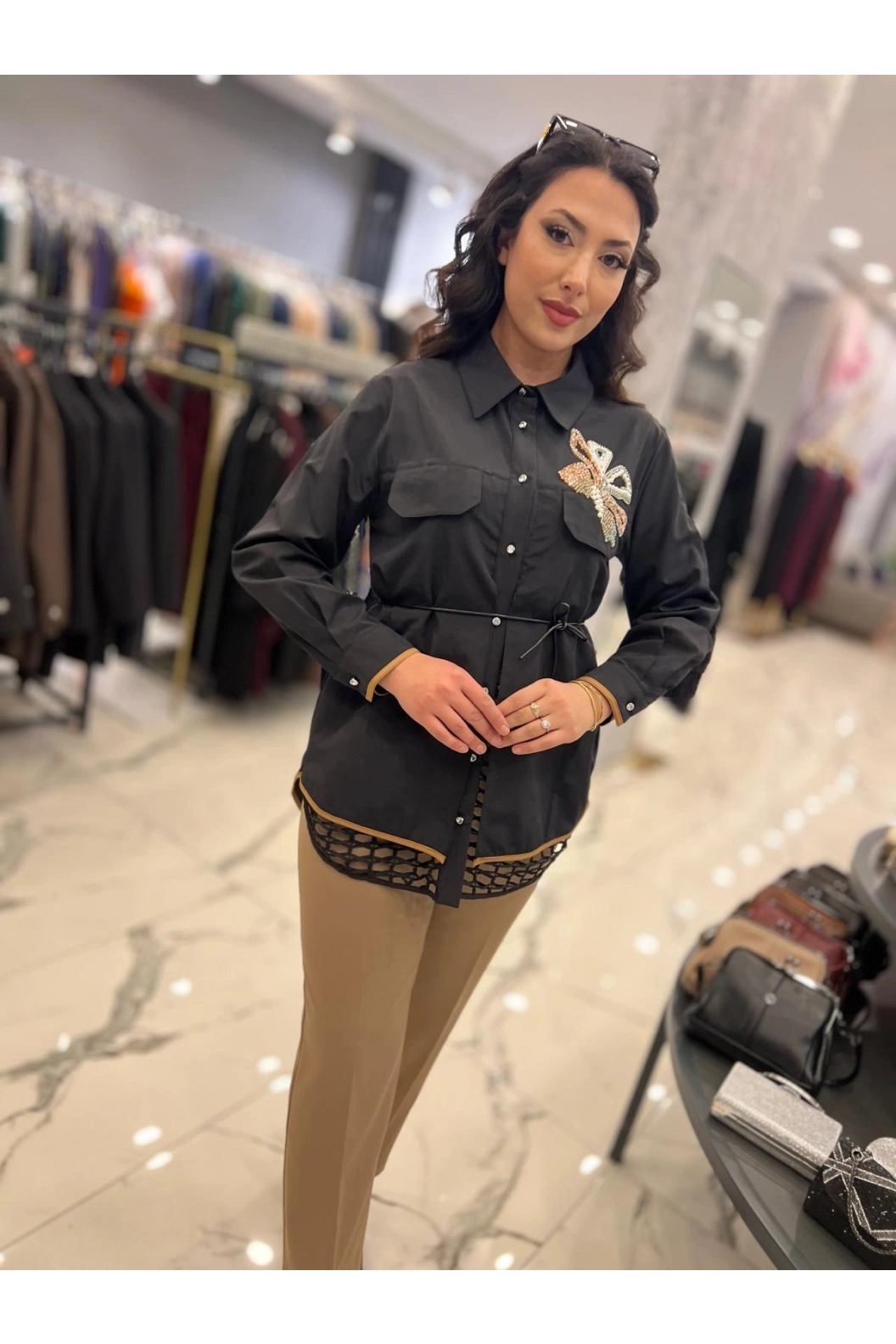 MY312-CEBİ TAŞLI FİLELİ GÖMLEK SİYAH