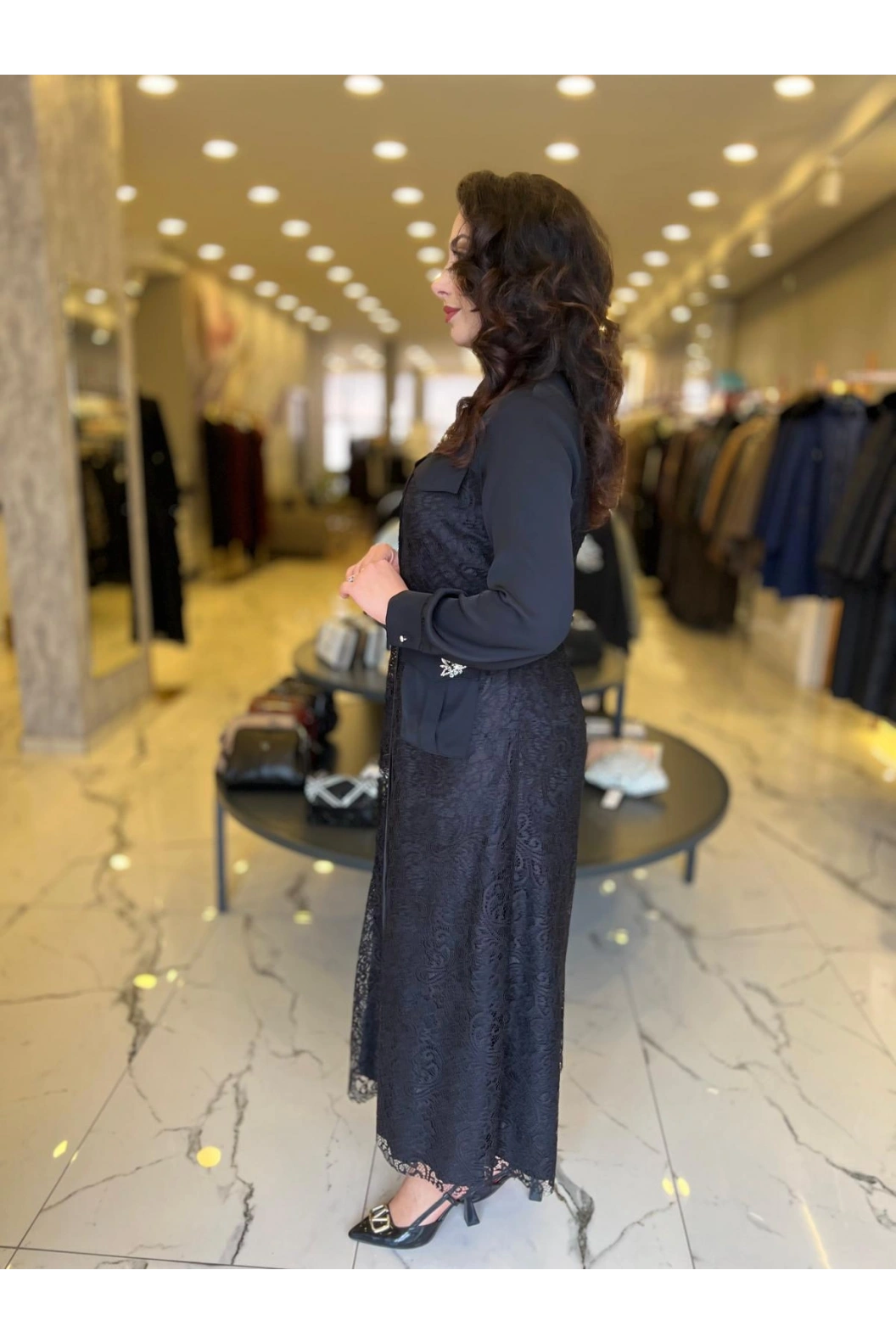 MY312-CEPLERİ TAŞLI DANTEL ELBİSE SİYAH