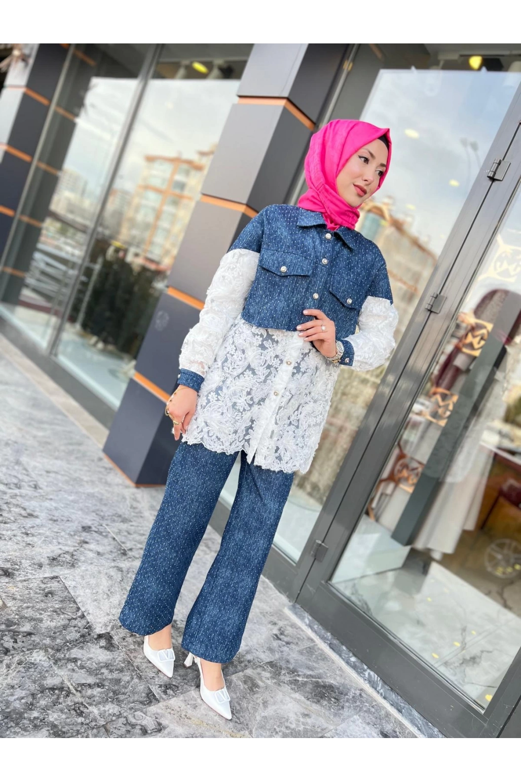 MY312-DANTELLİ KOT CEKET MAVİ