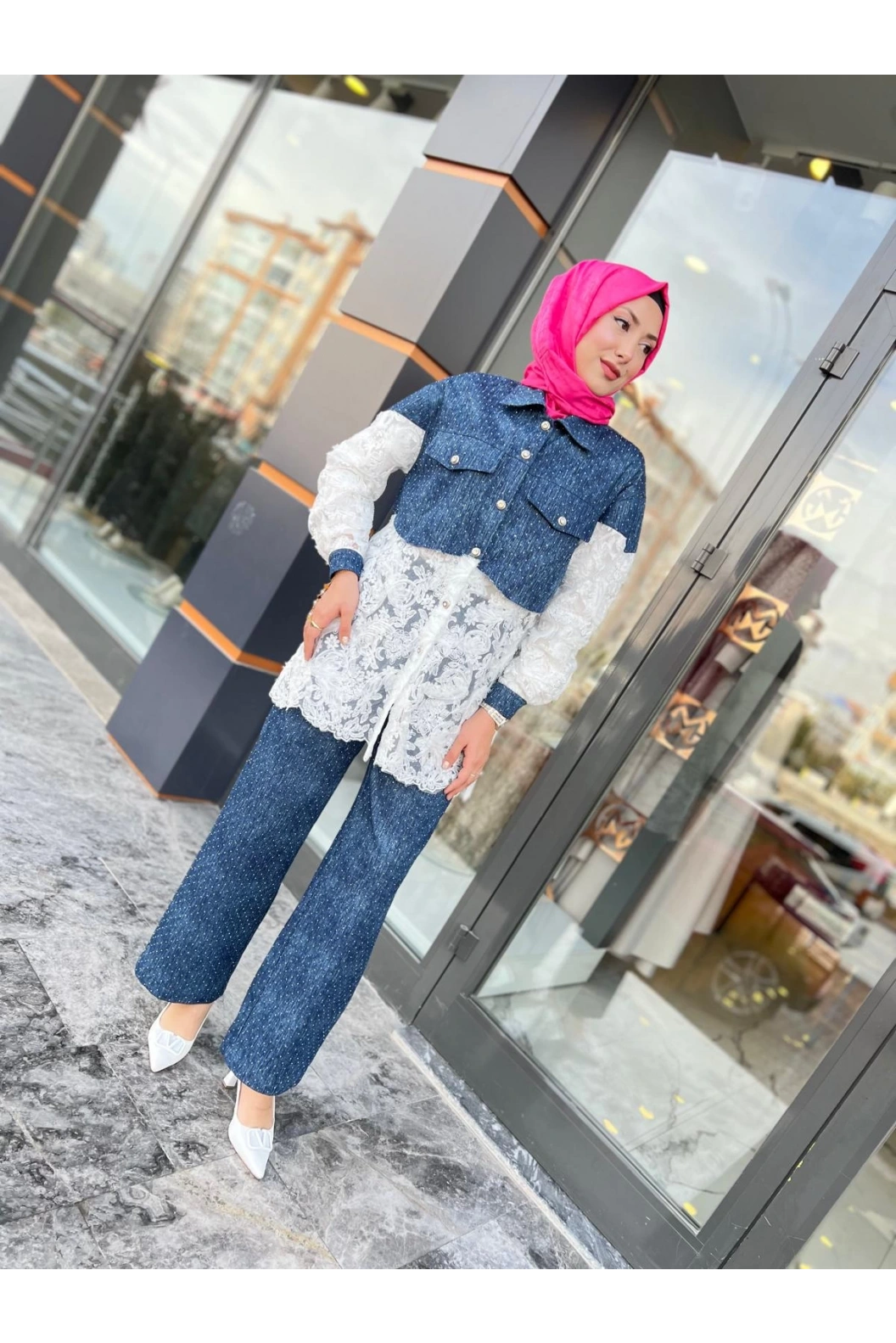 MY312-DANTELLİ KOT CEKET MAVİ