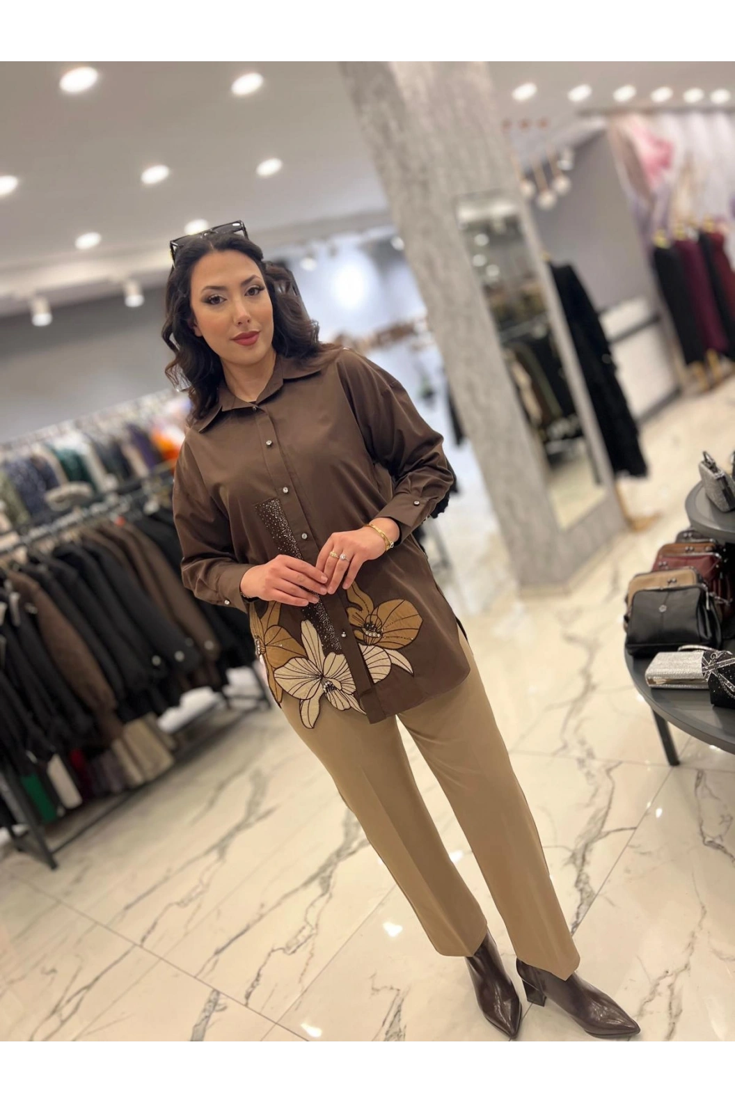 MY312-NAKIŞLI TAŞLI GÖMLEK KAHVE