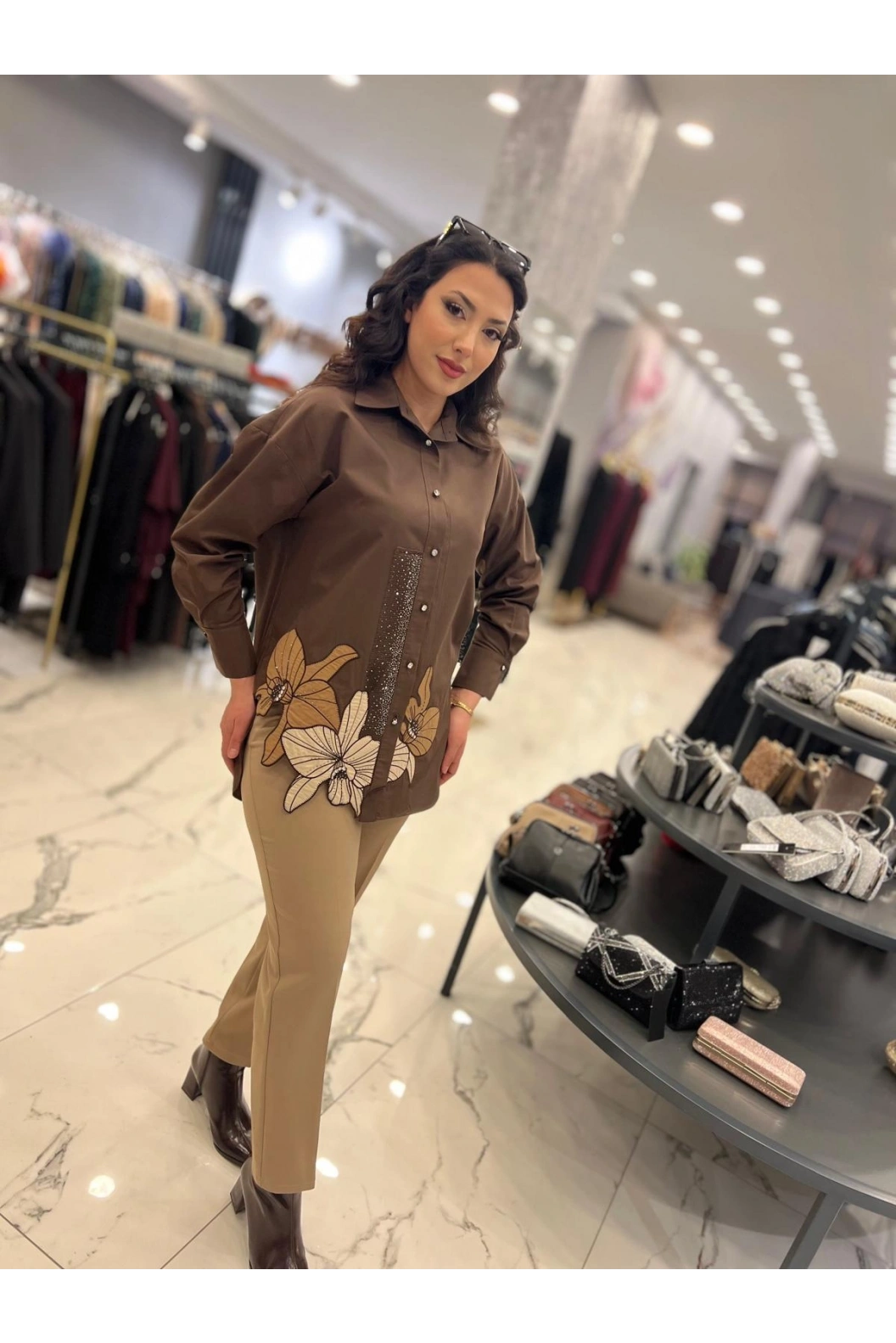 MY312-NAKIŞLI TAŞLI GÖMLEK KAHVE