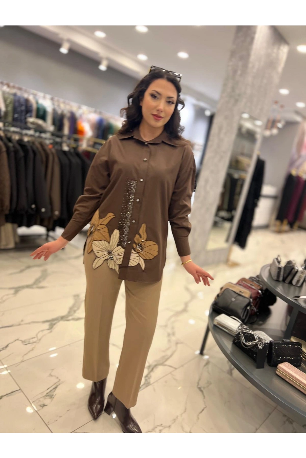 MY312-NAKIŞLI TAŞLI GÖMLEK KAHVE