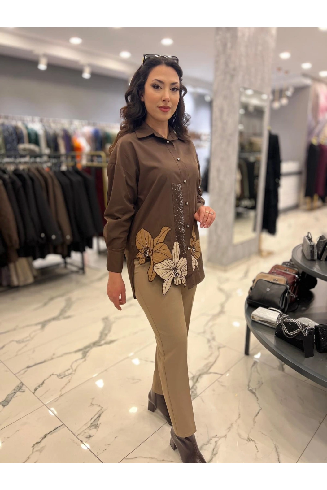 MY312-NAKIŞLI TAŞLI GÖMLEK KAHVE