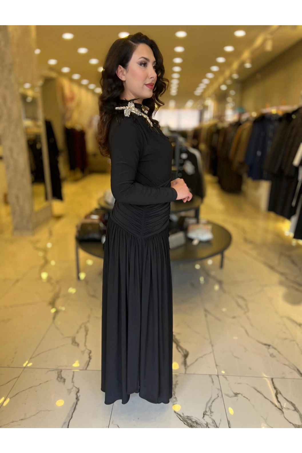 MY312-OMUZU TAŞLI ELBİSE SİYAH