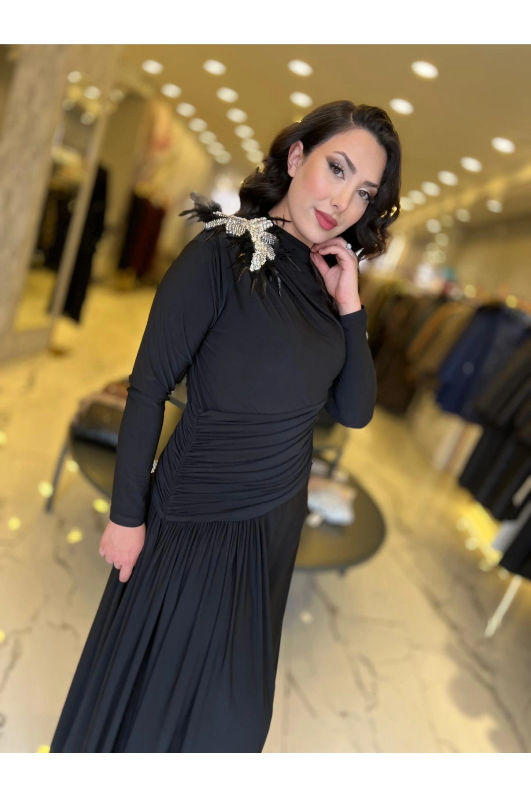 MY312-OMUZU TAŞLI ELBİSE SİYAH