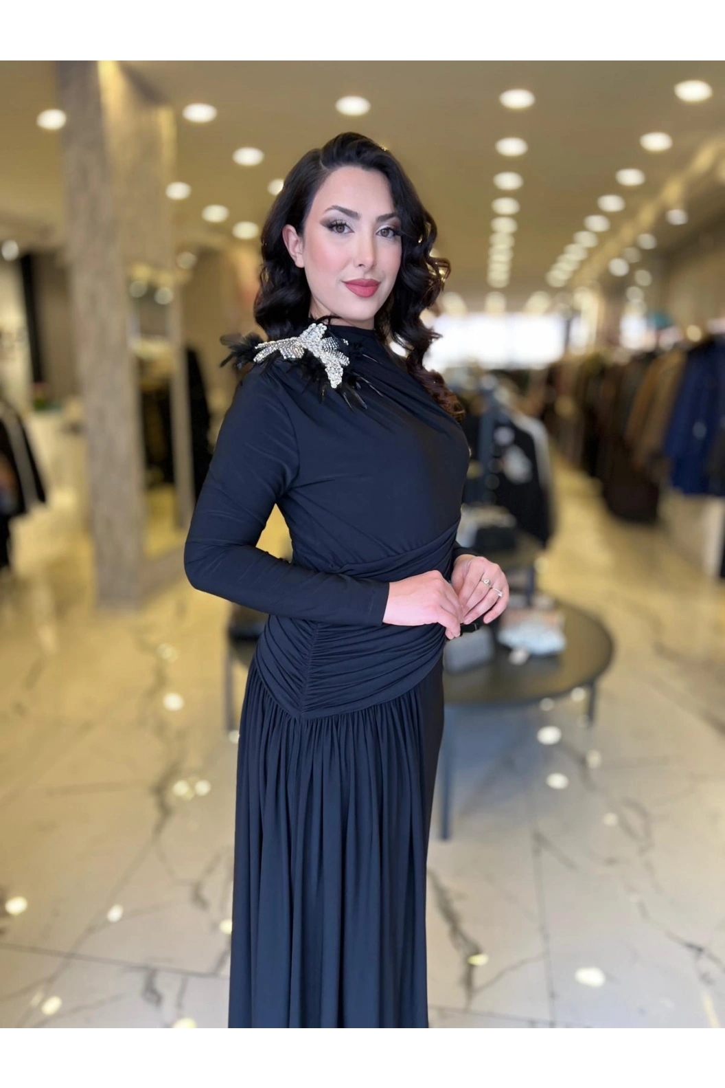 MY312-OMUZU TAŞLI ELBİSE SİYAH