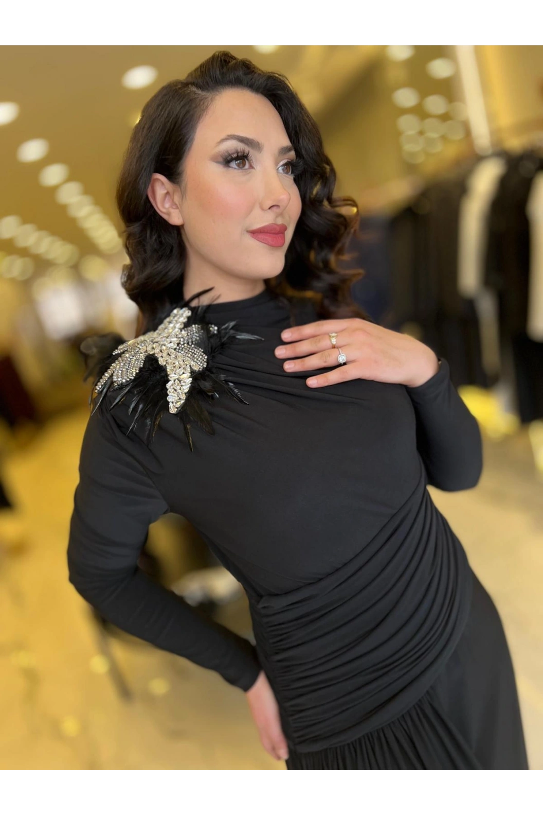 MY312-OMUZU TAŞLI ELBİSE SİYAH