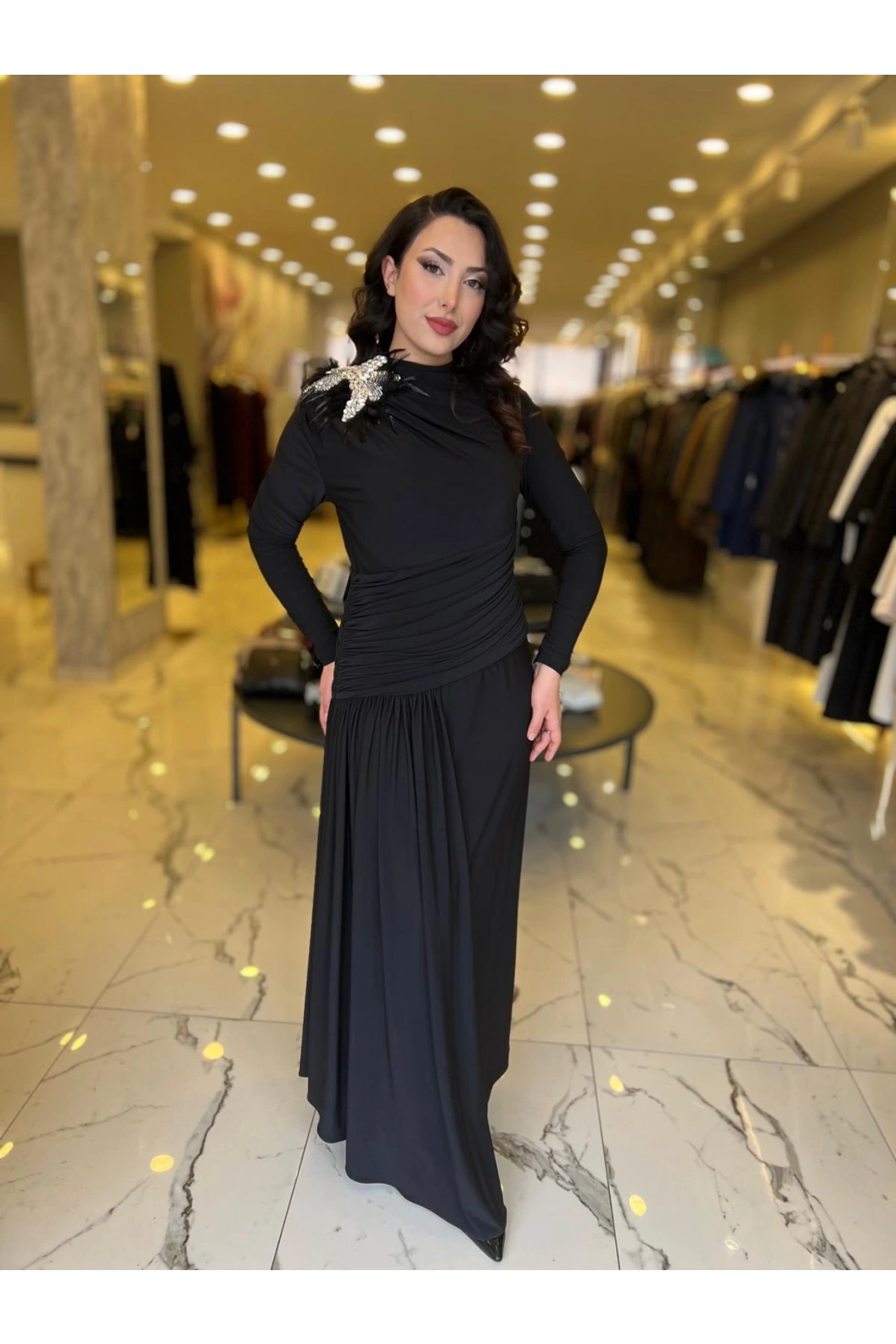 MY312-OMUZU TAŞLI ELBİSE SİYAH