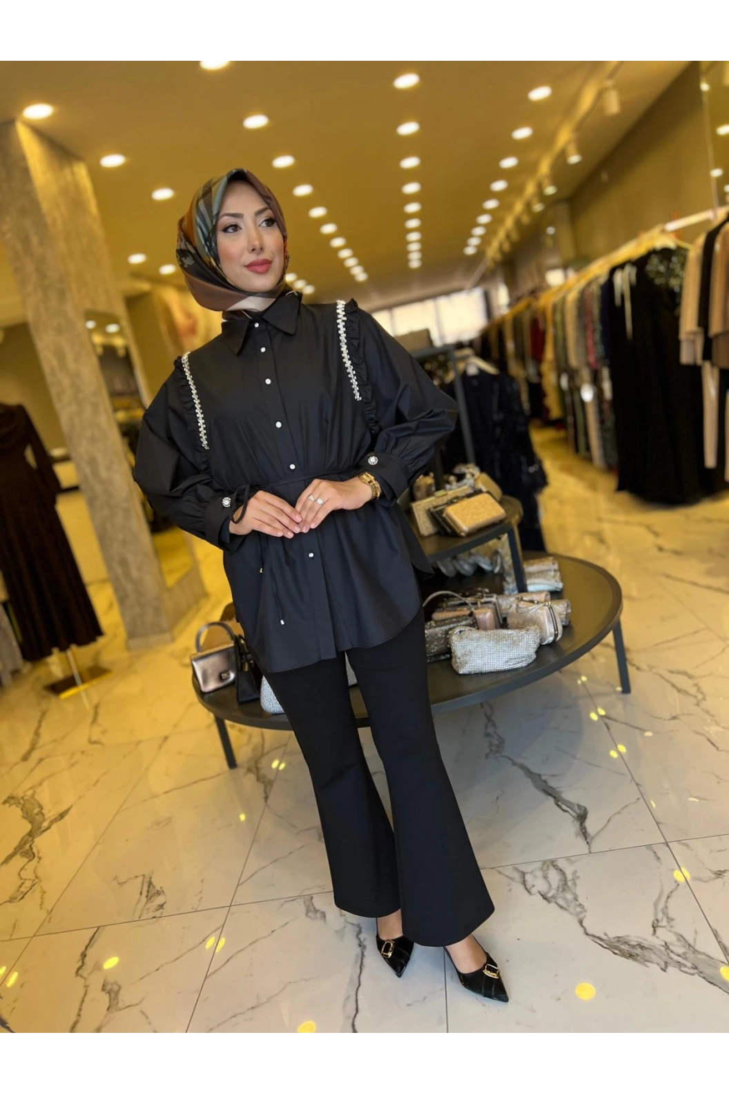 MY312-OMZU TAŞLI TUNİK SİYAH