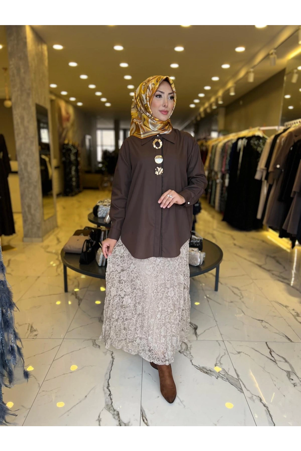 MY312-ÖN AKSESUARLI GÖMLEK KAHVE