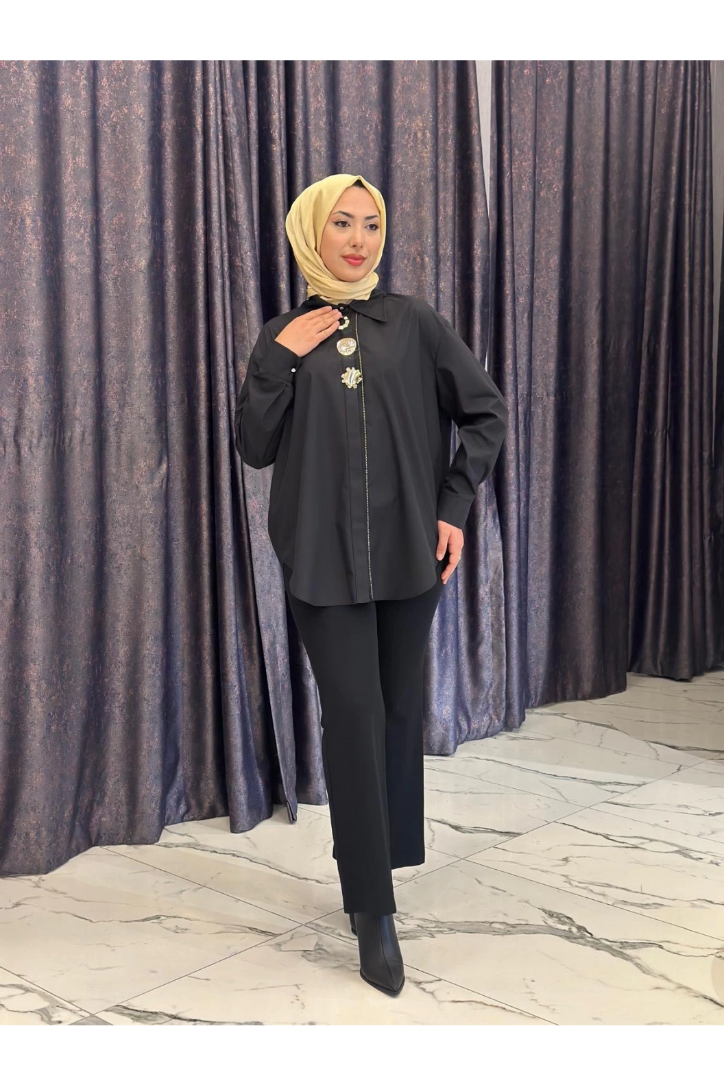 MY312-ÖN AKSESUARLI GÖMLEK SİYAH