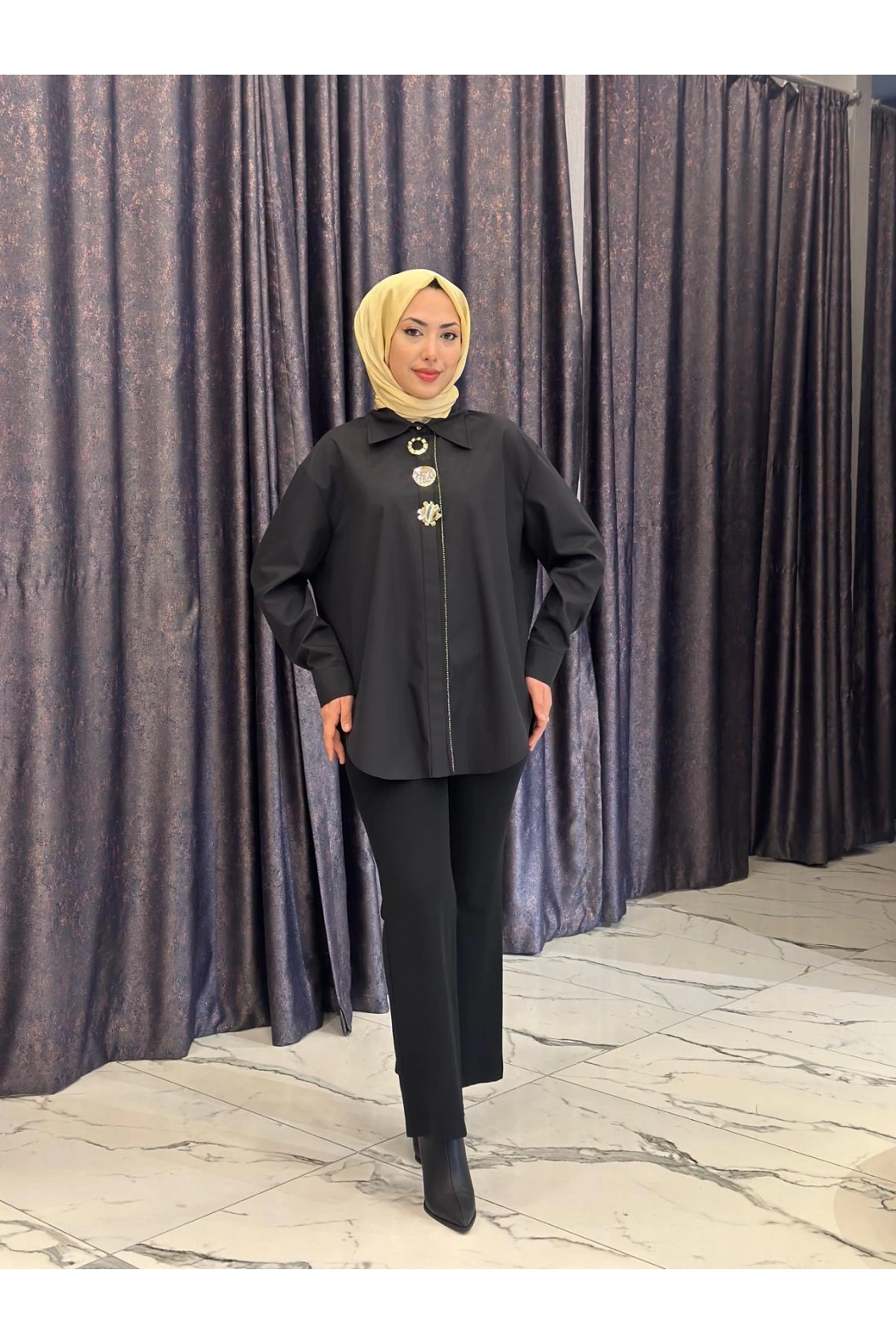 MY312-ÖN AKSESUARLI GÖMLEK SİYAH