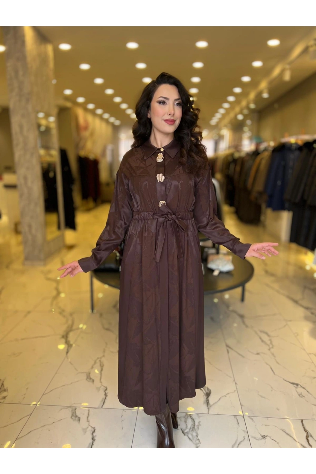 MY312-ÖNÜ AKSESUARLI ELBİSE KAHVE